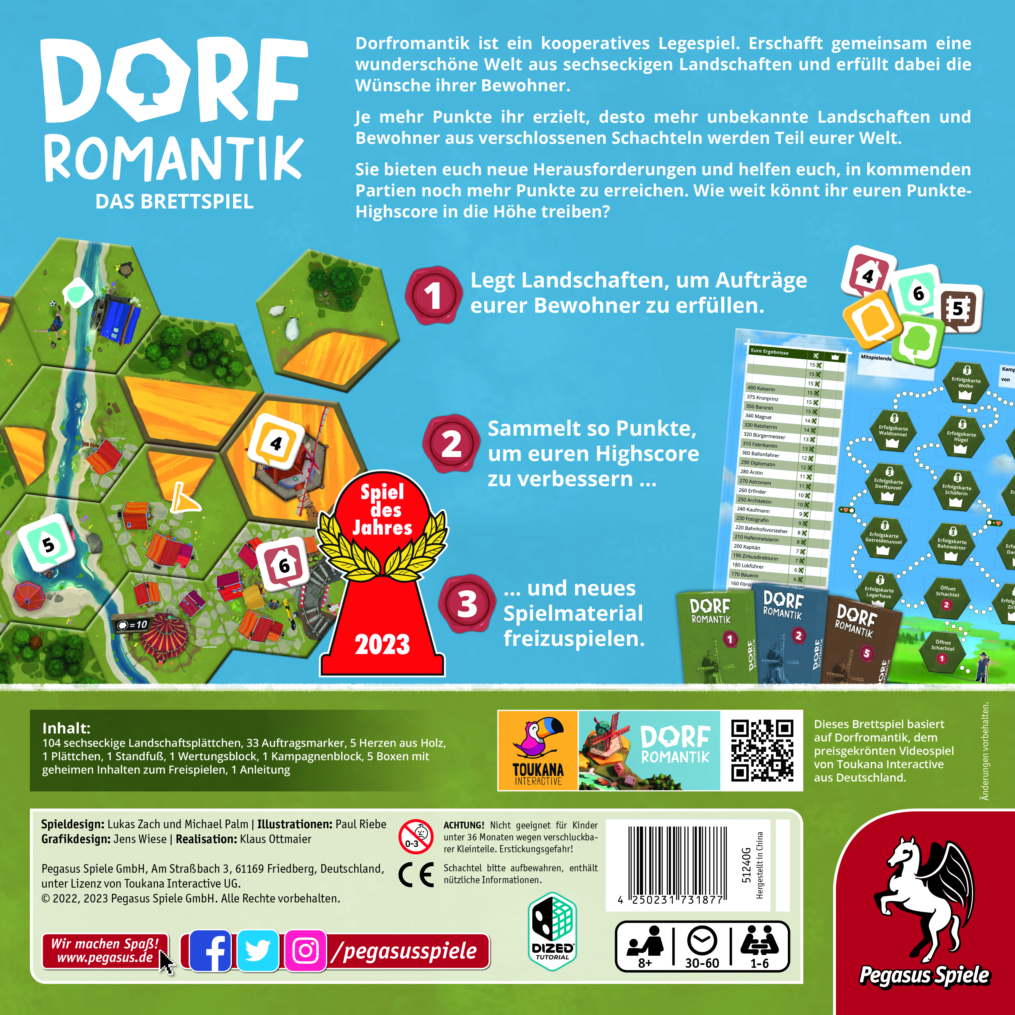 Eine Brettspielbox mit Spielkomponenten und Text. Die Box trägt den Namen des Spiels 'Dorf Romantik'.