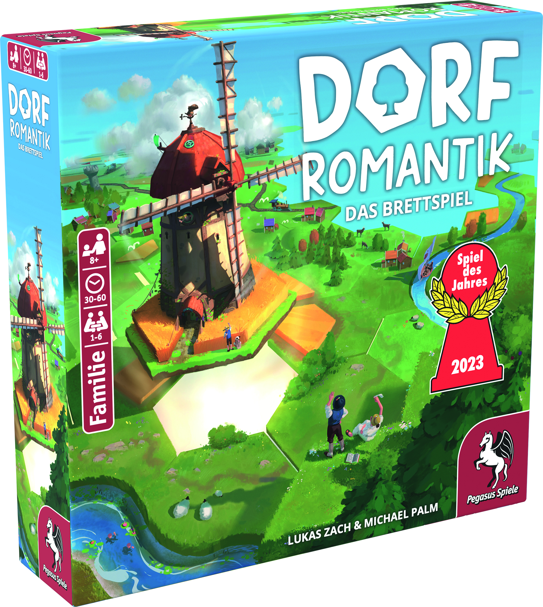 Brettspielbox mit Windmühle, Dorf und Text: DORF ROMANTIK, DAS BRETTSPIEL, 2023 Spiel des Jahres.