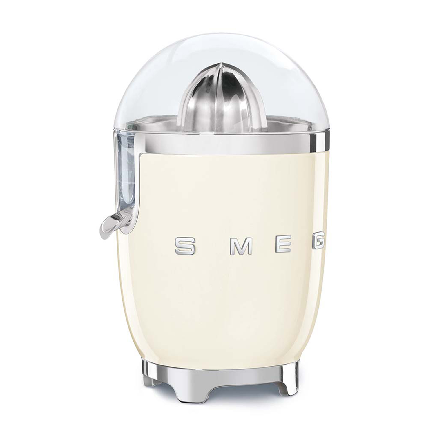 Spremiagrumi color crema con parti in cromo e plastica trasparente, visibile il marchio SMEG.