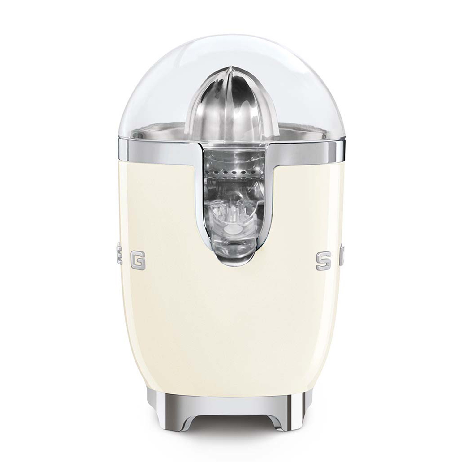Spremiagrumi Smeg color crema. Include una cupola trasparente, componenti per la spremitura argentati e una base argentata.
