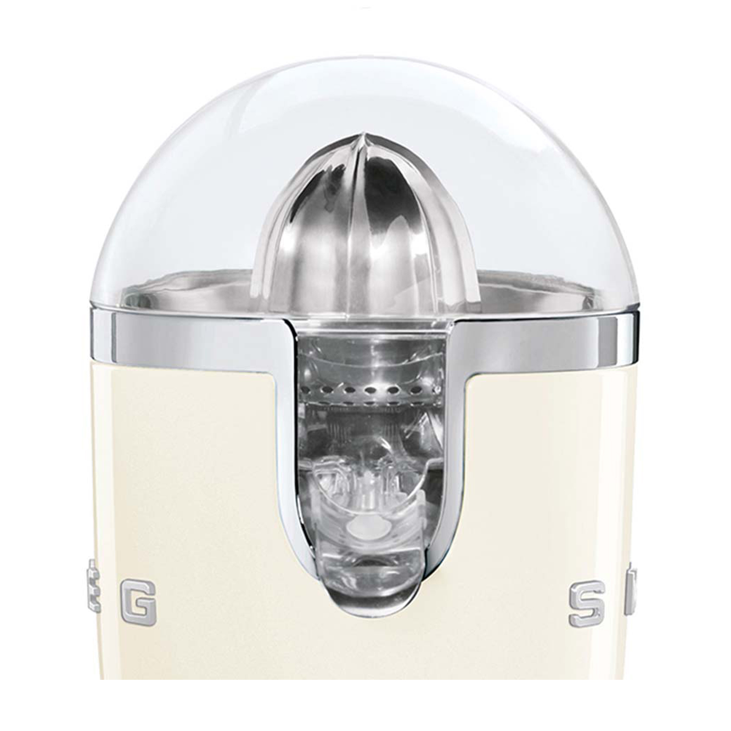 Una spremiagrumi color crema con una cupola trasparente e un componente centrale argentato è mostrata.