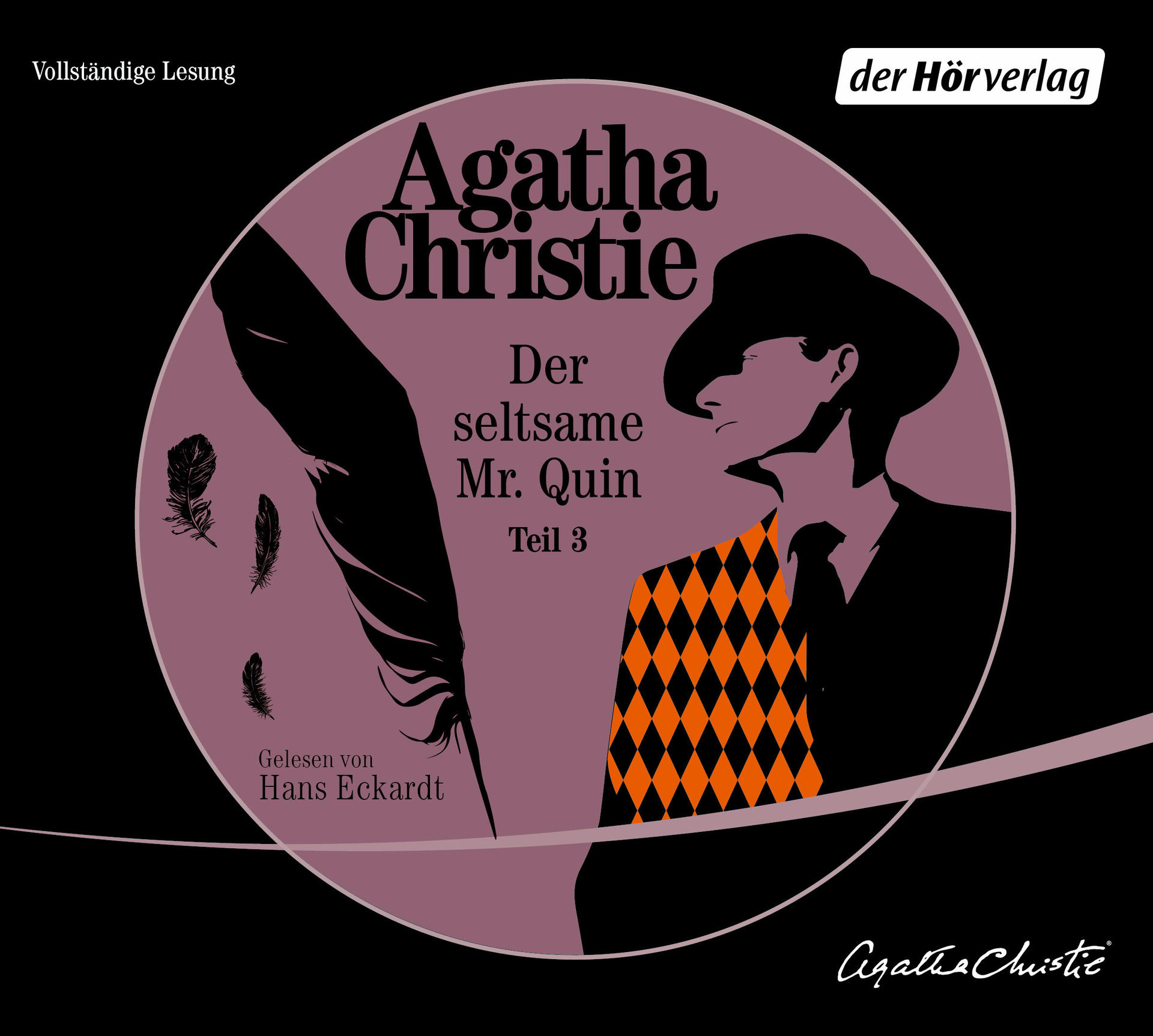 Buchcover: Agatha Christie, dunkle Silhouette eines Mannes mit Federn und Text.