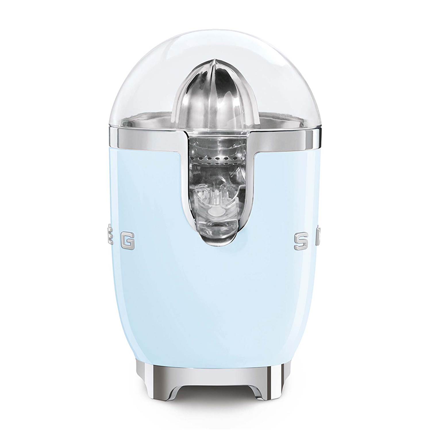 Spremiagrumi azzurro chiaro con dettagli argento, vista frontale.