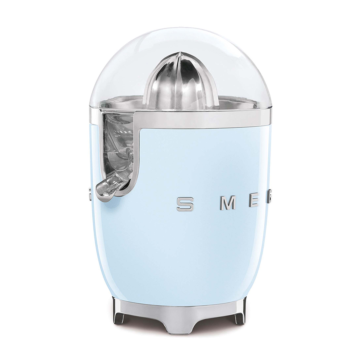 Uno spremiagrumi azzurro con cupola trasparente e componenti in acciaio inossidabile.