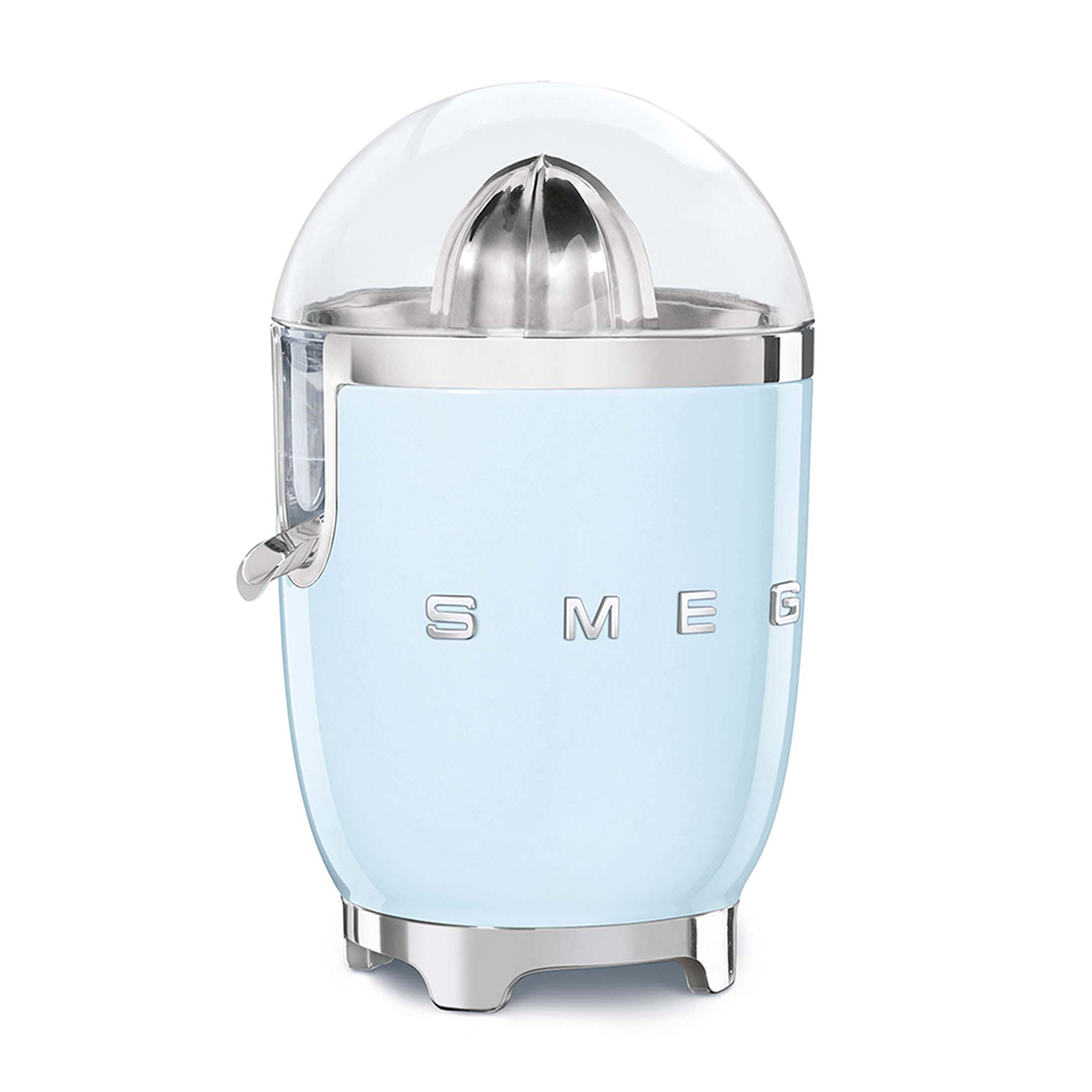 Uno spremiagrumi Smeg azzurro con coperchio trasparente e dettagli argento.