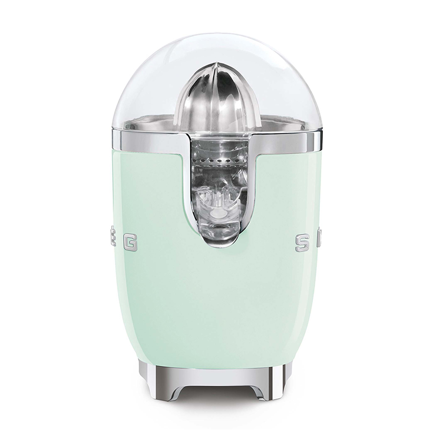 Spremiagrumi verde menta con parte superiore trasparente. È su sfondo bianco.