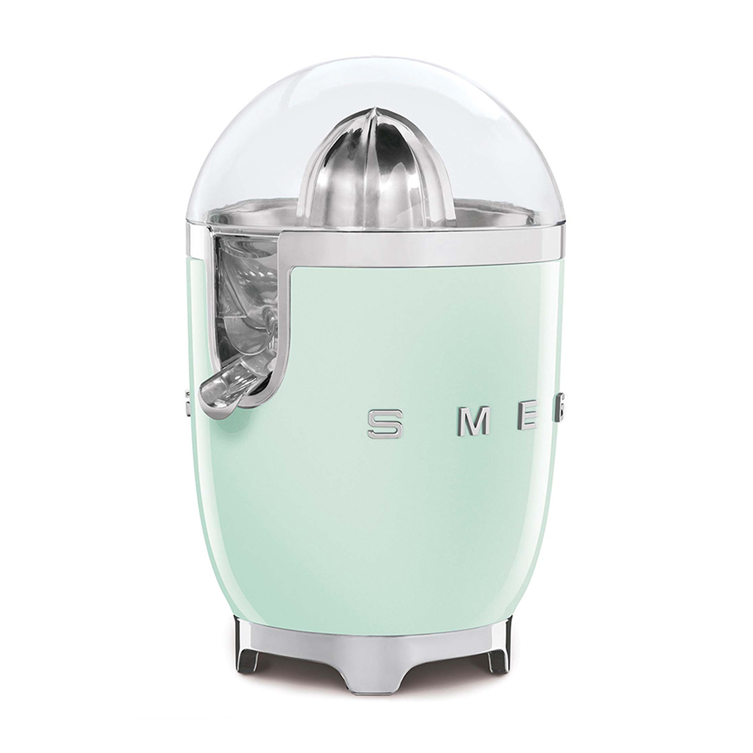 Uno spremiagrumi SMEG verde menta su sfondo bianco.