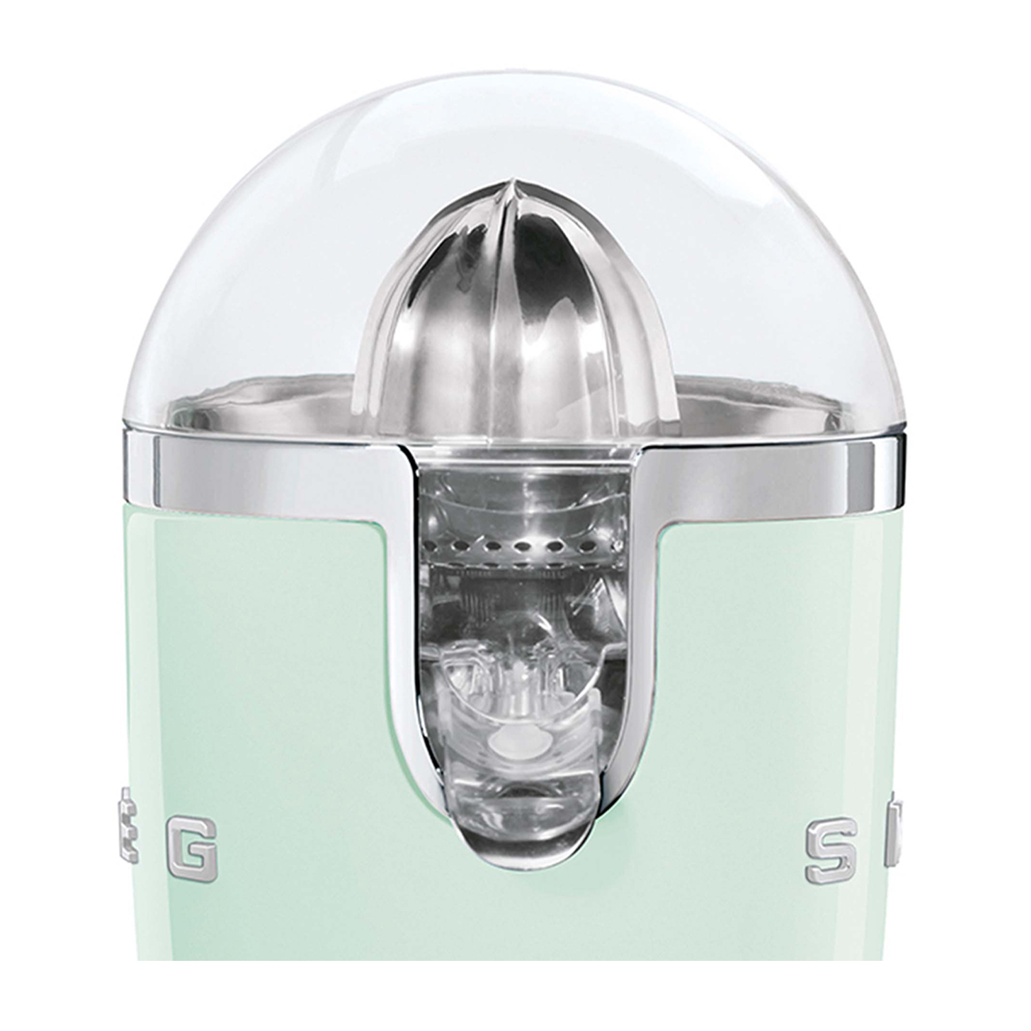 Spremiagrumi Smeg verde con parti in acciaio inox. Parte superiore trasparente e base bianca.