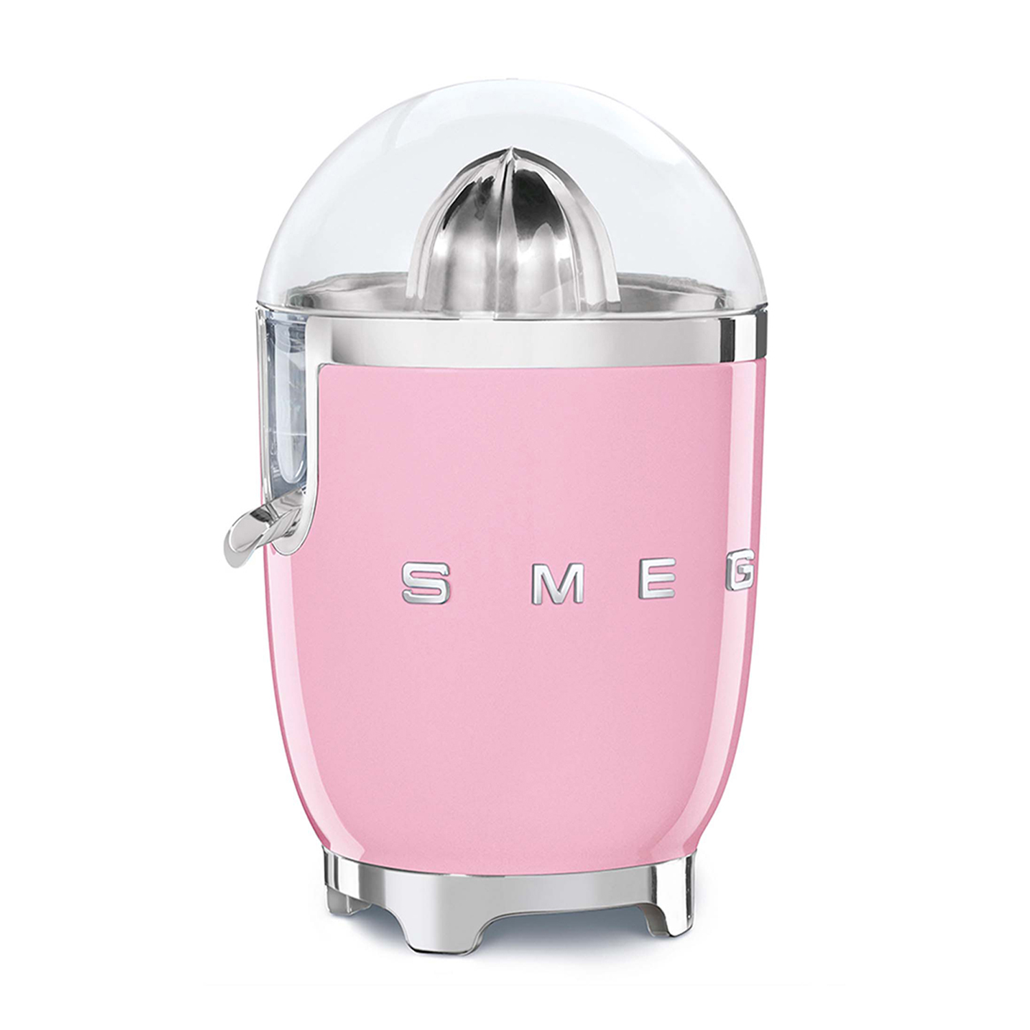 Spremiagrumi Smeg rosa su sfondo bianco, con coperchio trasparente e dettagli cromati.