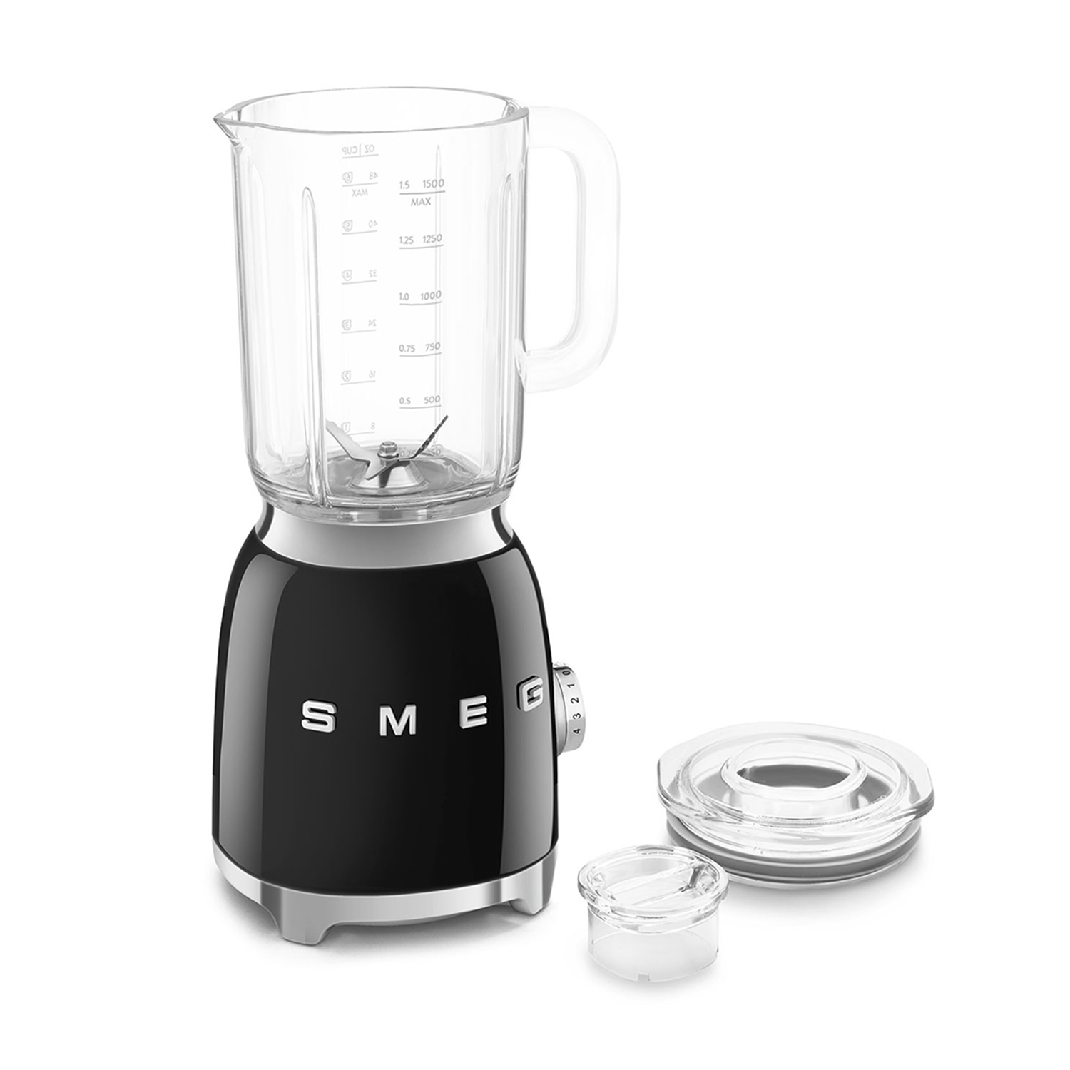 Frullatore SMEG nero con caraffa in vetro, coperchio e piccolo contenitore trasparente.