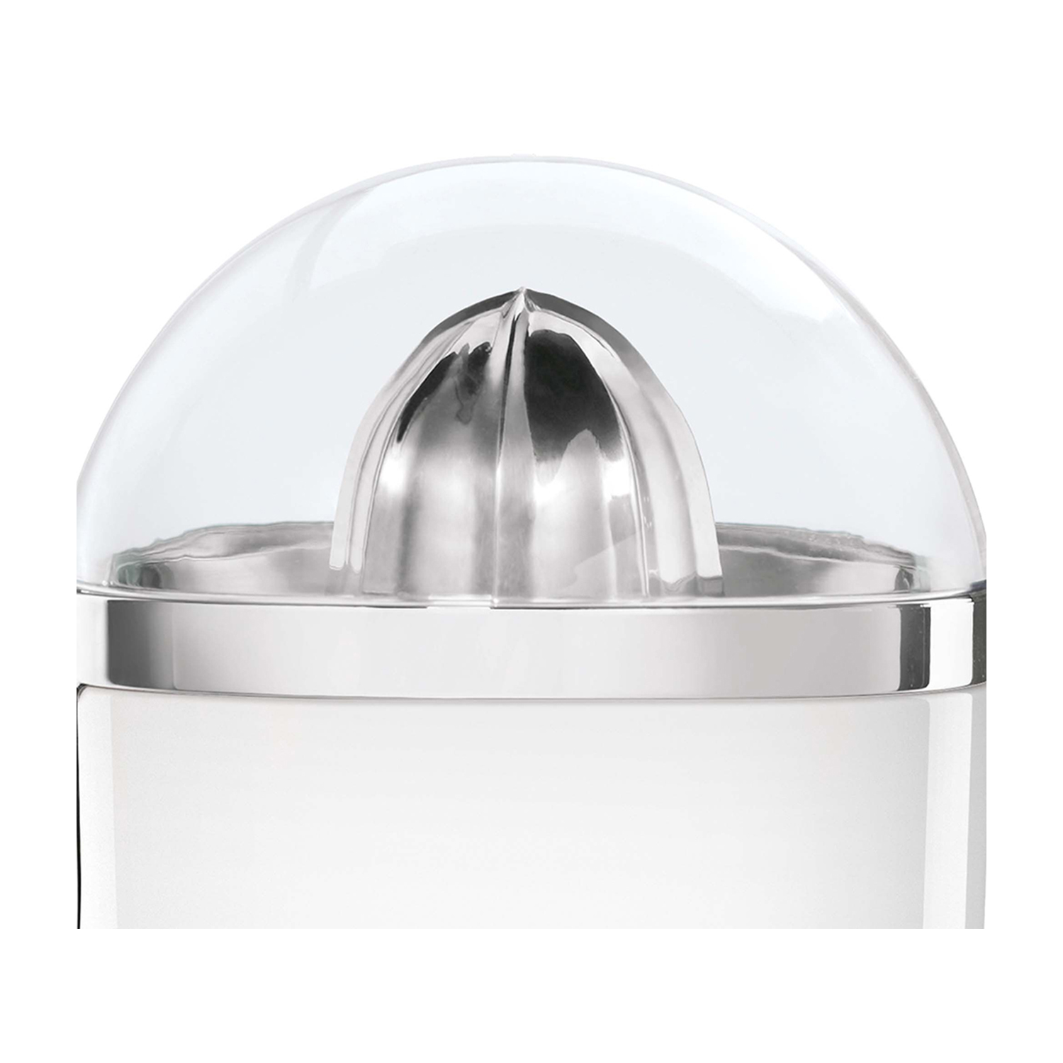 Uno spremiagrumi bianco con un coperchio a cupola trasparente e un elemento di spremitura argentato.