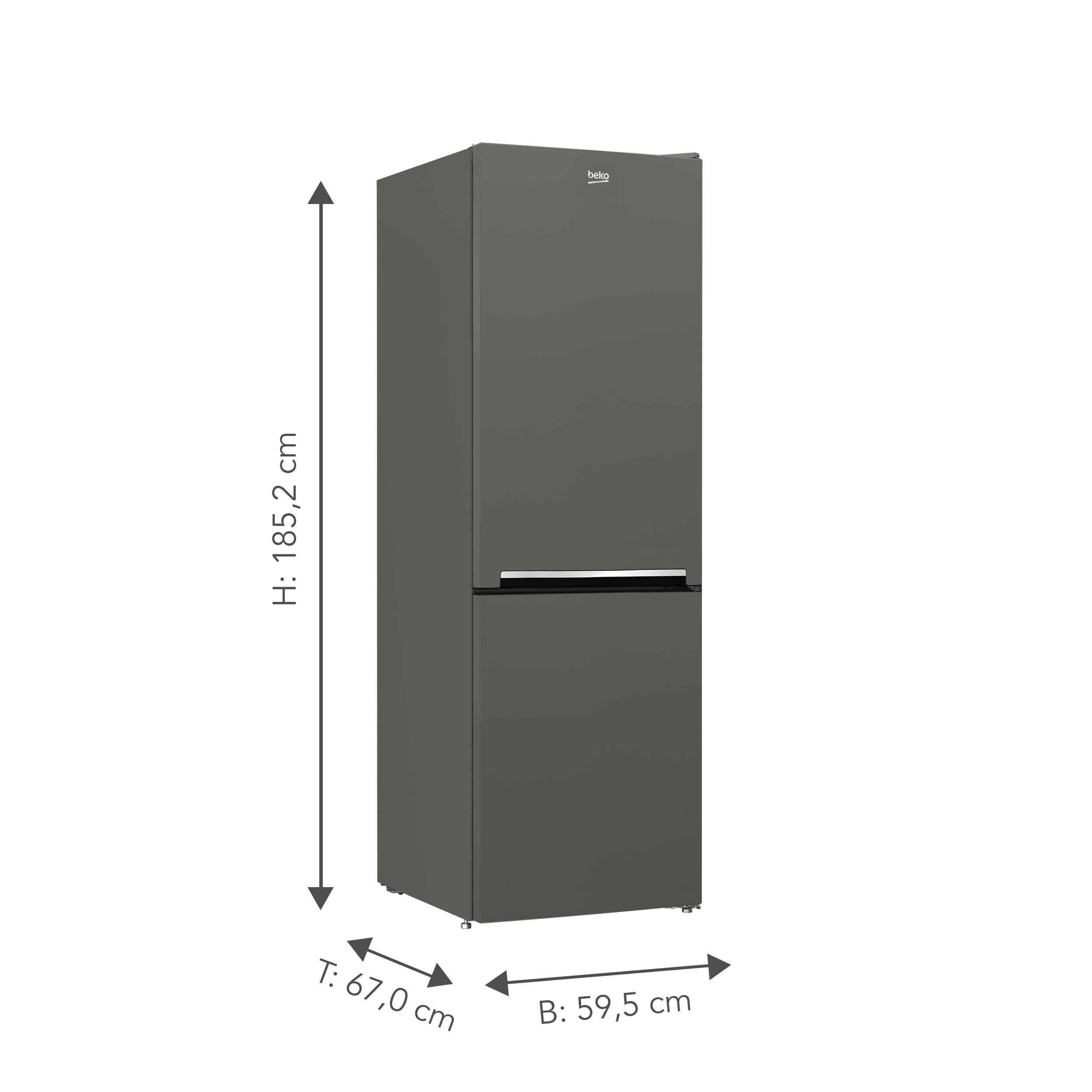 Grauer Beko-Kühlschrank. Abmessungen: 185,2 cm hoch, 67 cm breit, 59,5 cm tief.