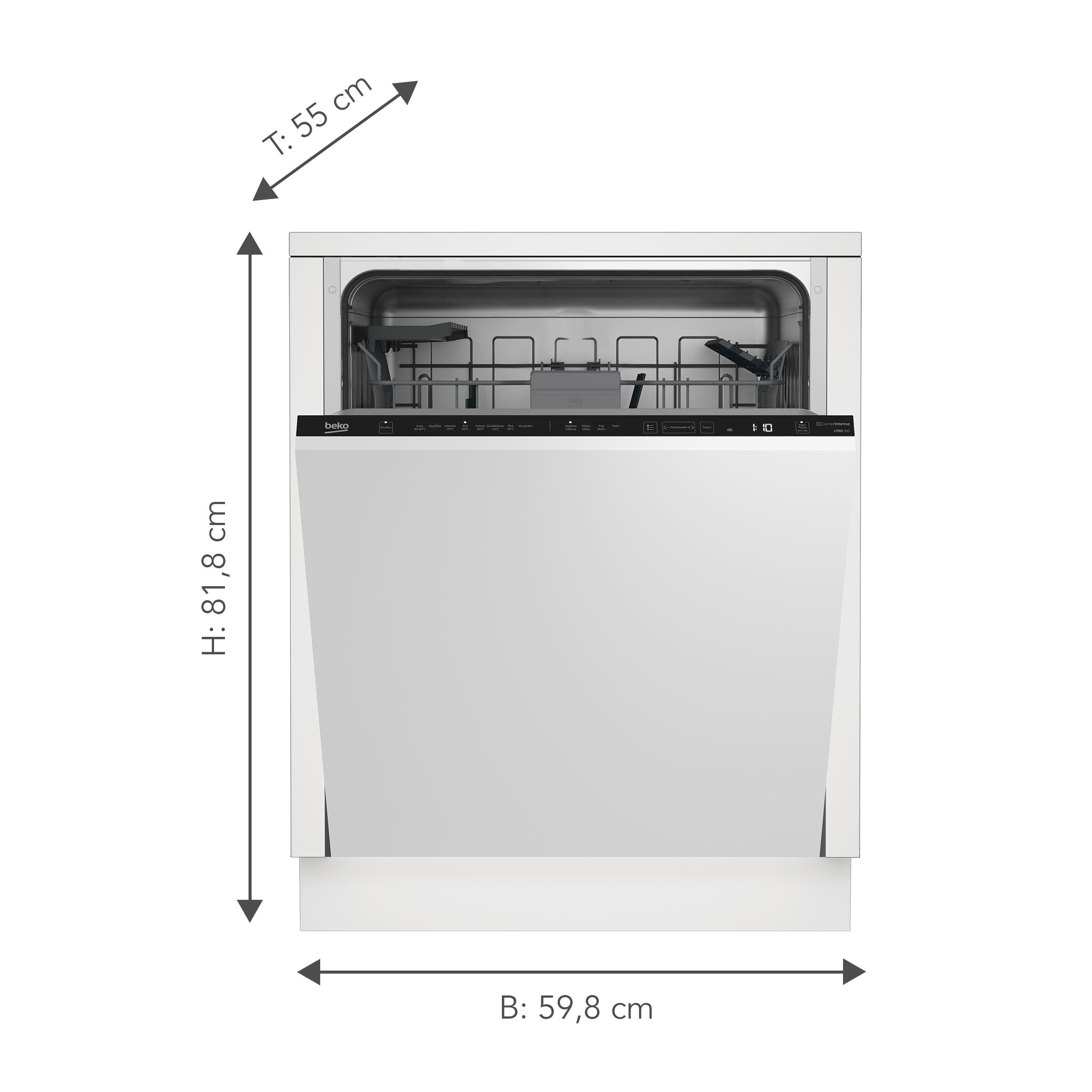 Ein weißer Geschirrspüler mit den Abmessungen Höhe, Breite und Tiefe.