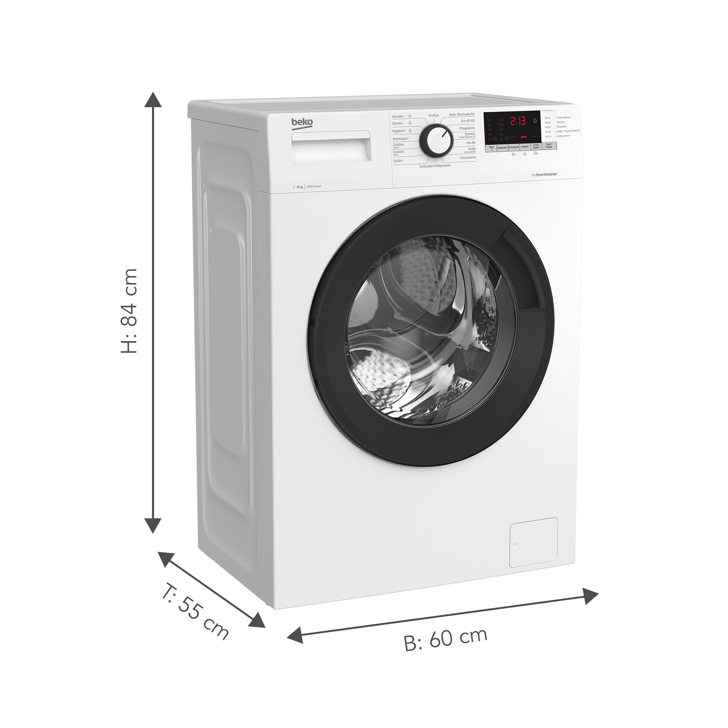 Weiße Waschmaschine, mit den Maßen: Höhe 84 cm, Breite 60 cm, Tiefe 55 cm.