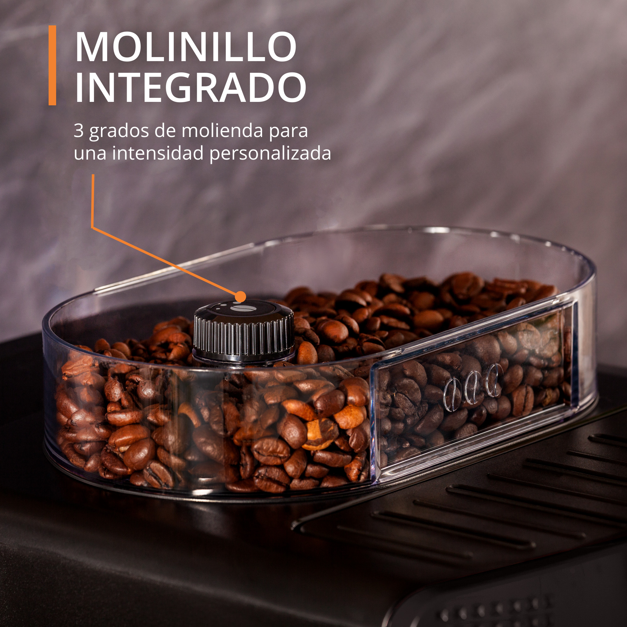 Contenedor de granos de café con niveles de molienda y texto en español.