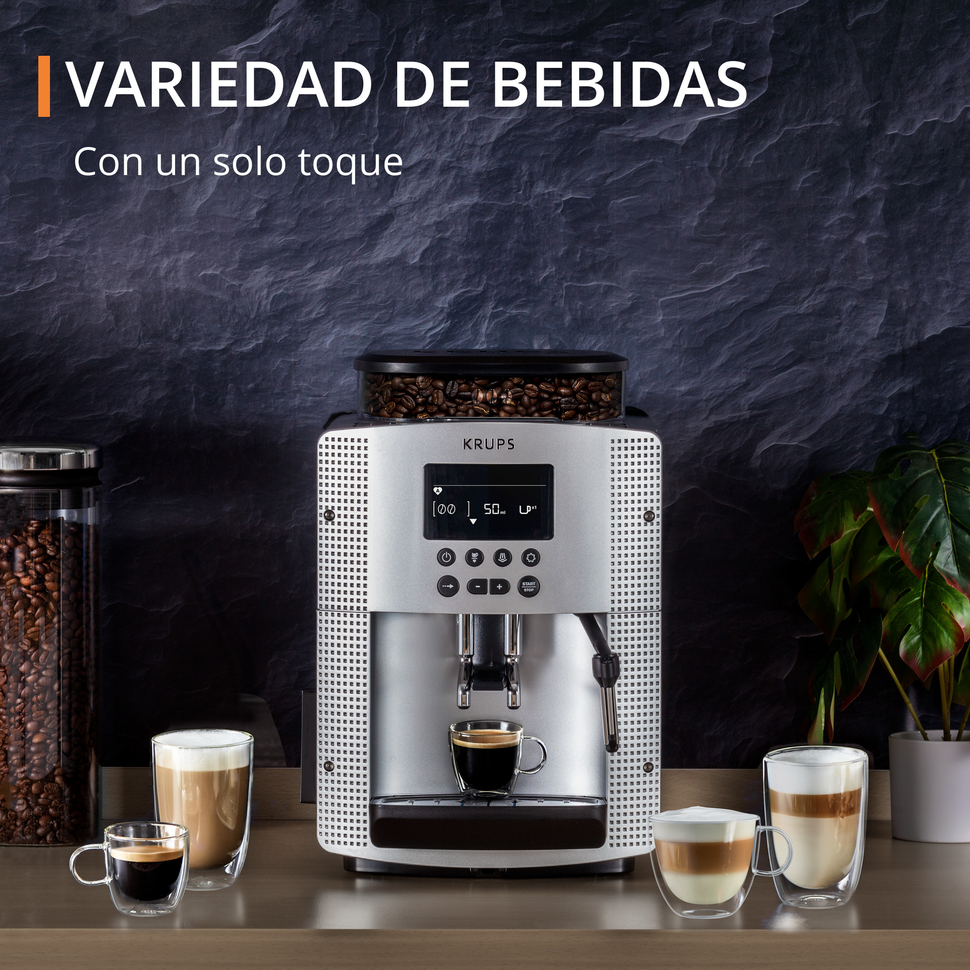Cafetera plateada con tazas y granos de café, con texto.