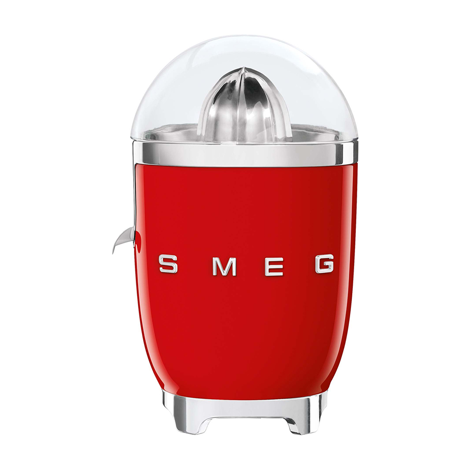 Uno spremiagrumi SMEG rosso con parte superiore cromata e coperchio trasparente.
