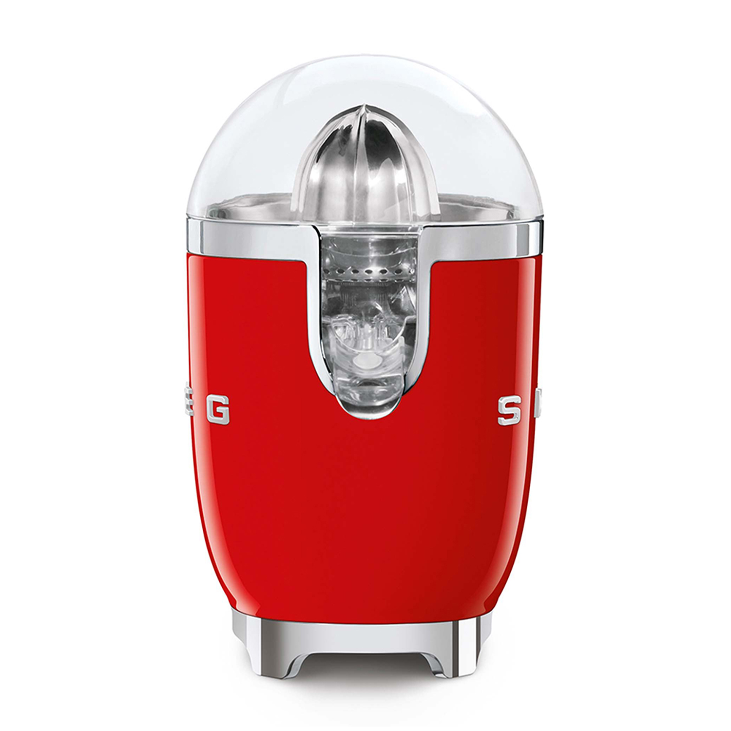 Spremiagrumi Smeg rosso su sfondo bianco, primo piano. Parte superiore trasparente.