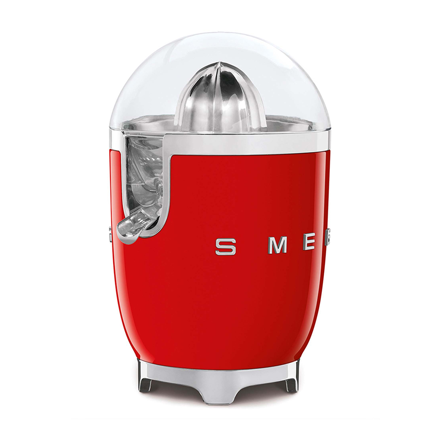 Uno spremiagrumi Smeg rosso con coperchio a cupola trasparente e cono spremiagrumi argentato.