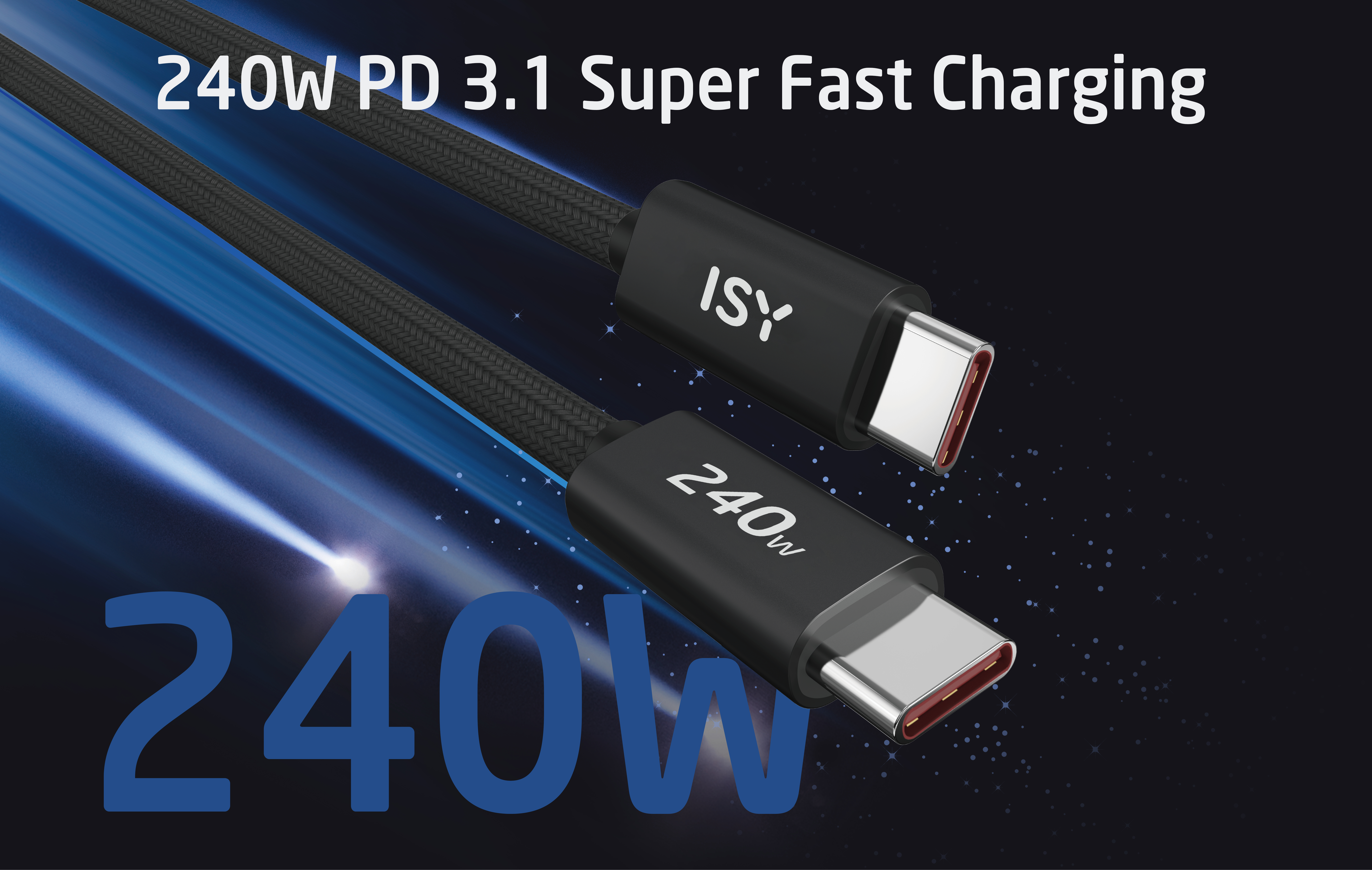 Ein schwarzes Ladekabel mit dem Text „240w“.