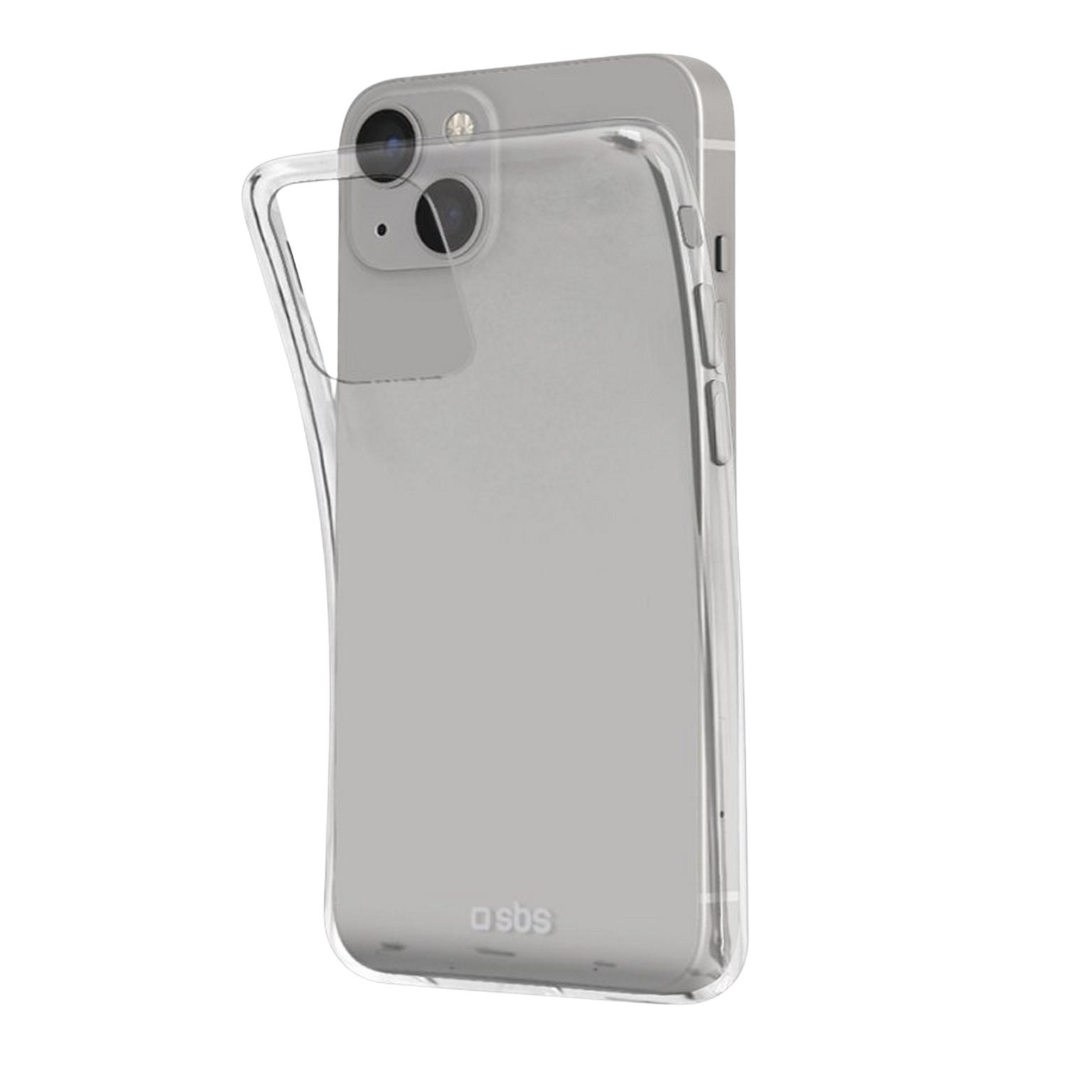 Coque de téléphone transparente sur un téléphone gris clair. Caméra et boutons visibles.