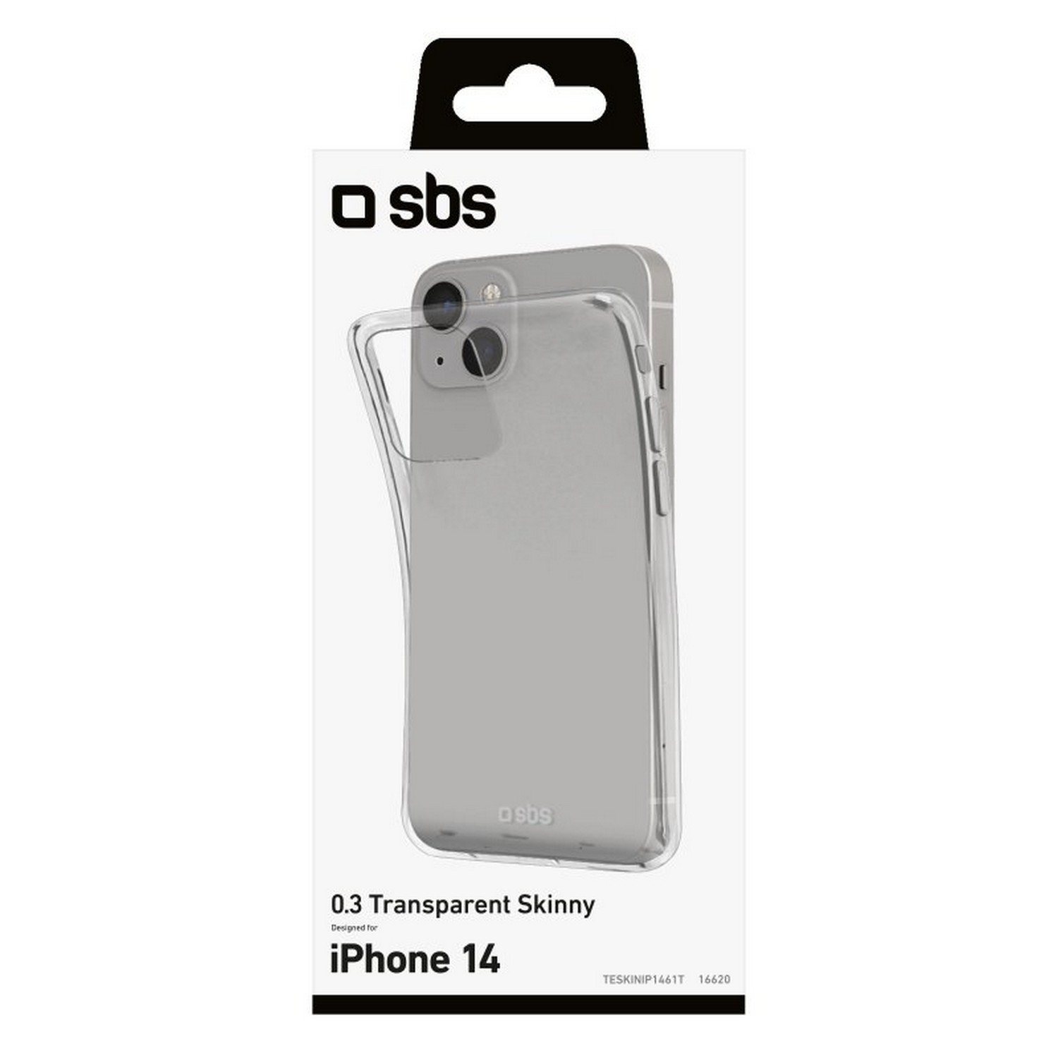 iPhone 14 dans une coque de protection transparente avec le logo SBS sur fond blanc.