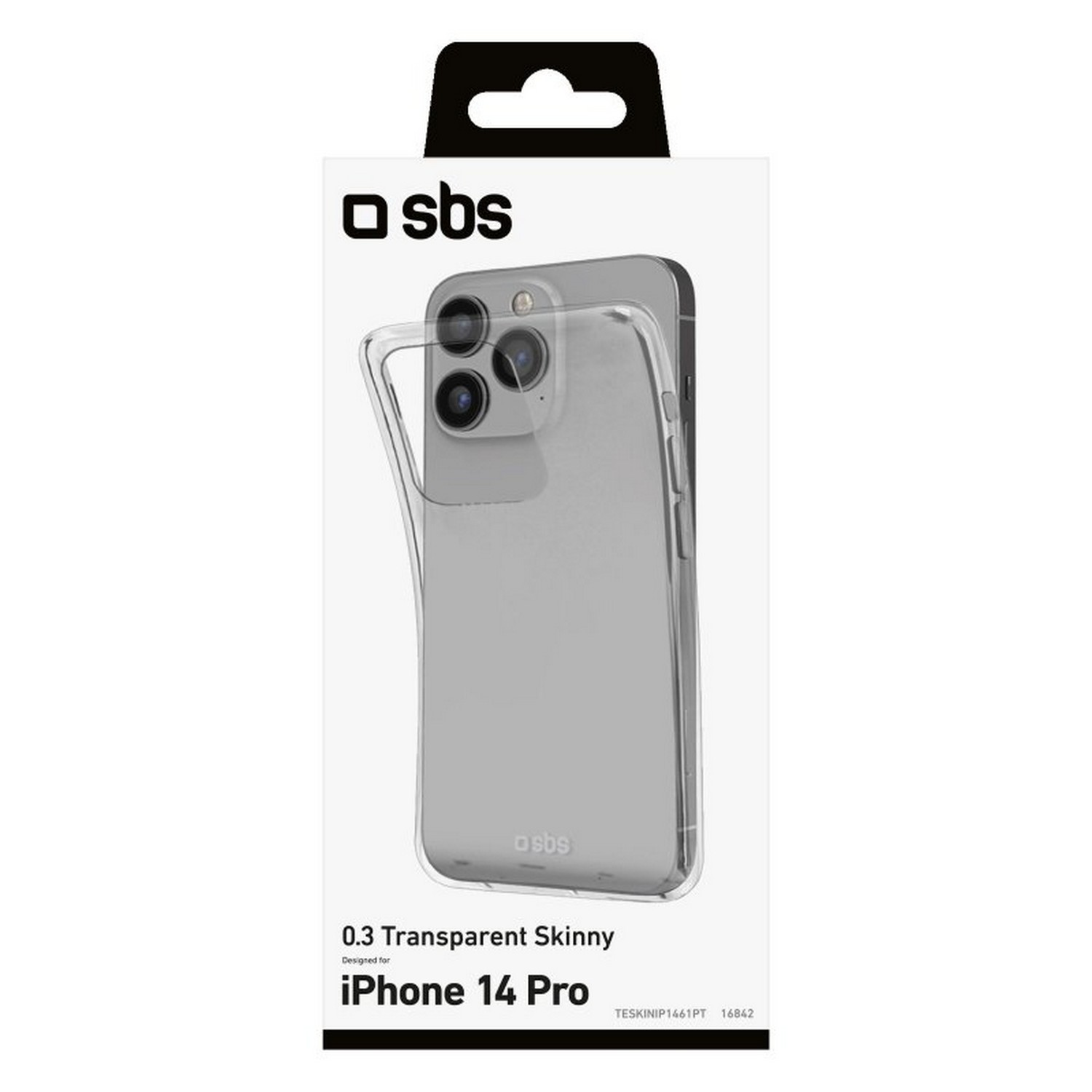 Coque de téléphone transparente dans une boîte avec "iPhone 14 Pro" écrit dessus.