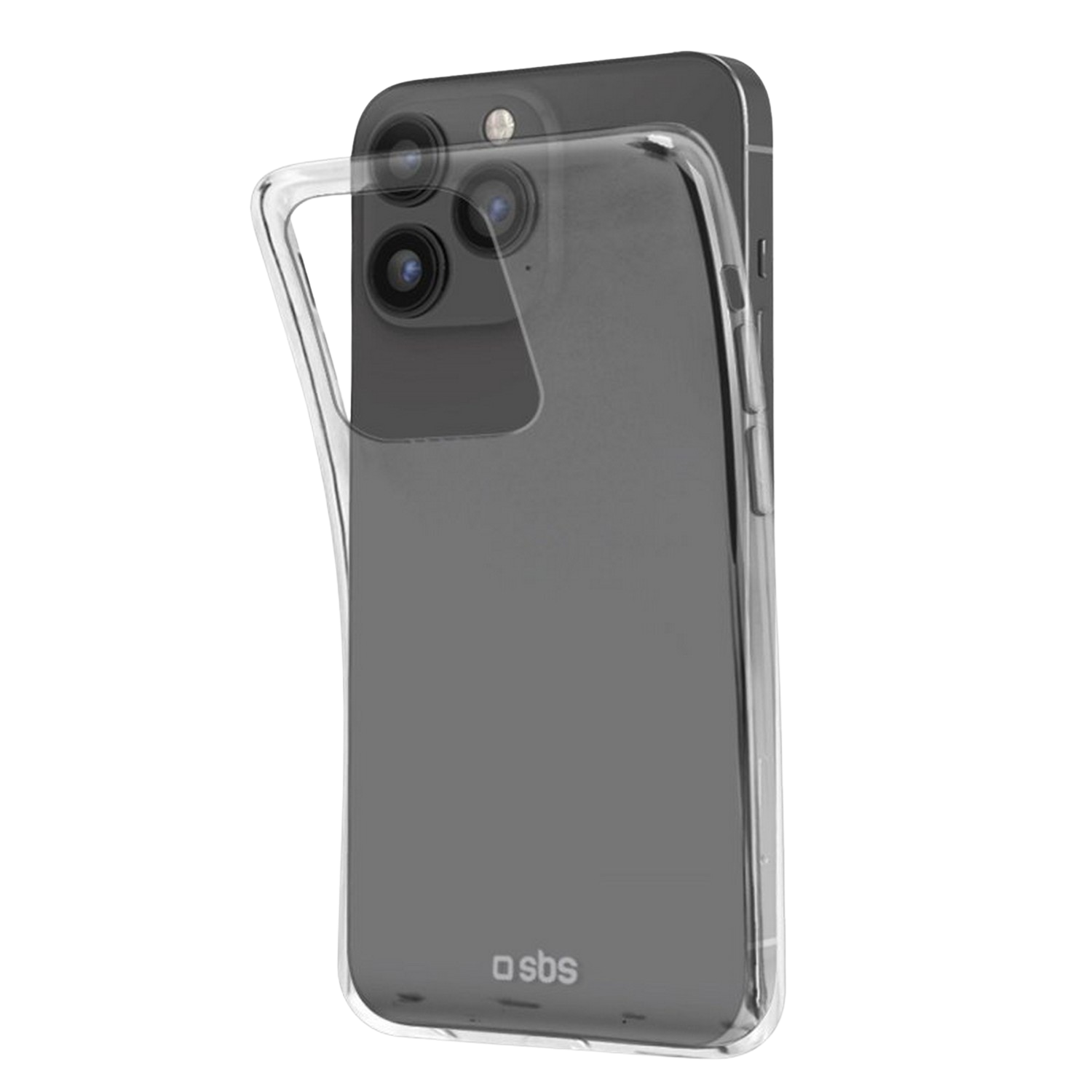 Smartphone in doorzichtige hoes. Telefoon met camera en drie lenzen. Zwarte achtergrond.