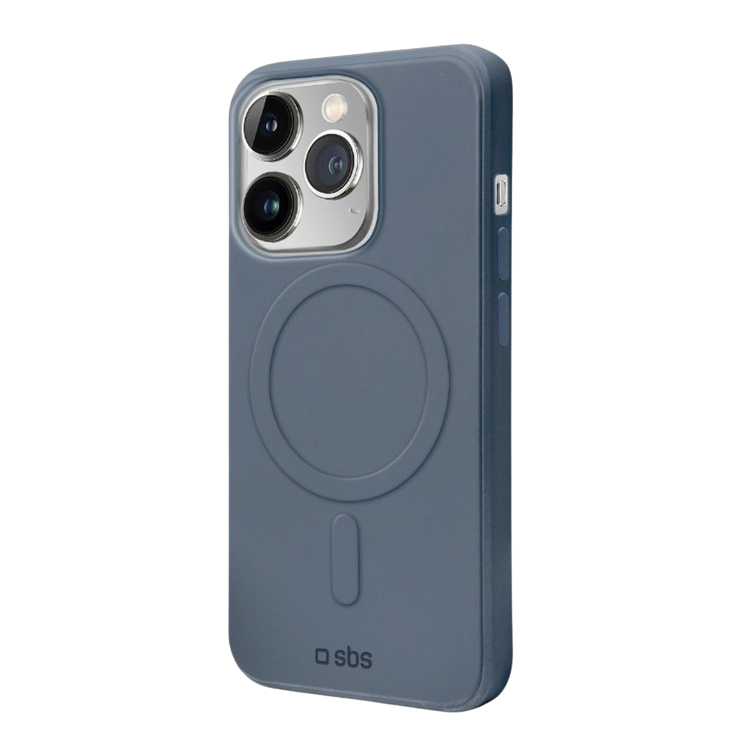 Blauwe telefoonhoes met drie camera's op zwarte achtergrond. SBS logo zichtbaar.