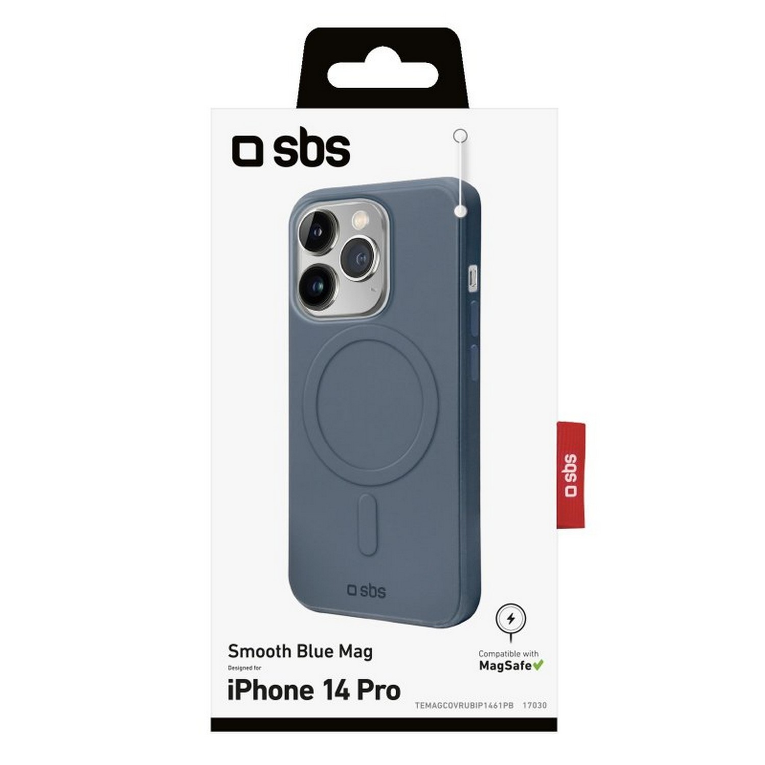 Een telefoonhoesje voor iPhone 14 Pro. Het is blauw en heeft een magnetische ring. De verpakking wordt ook weergegeven.