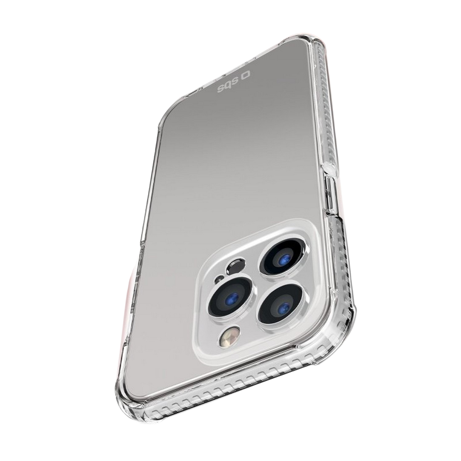 Een transparante telefoonhoes met een zilveren telefoon erin, die de cameralenzen laat zien.