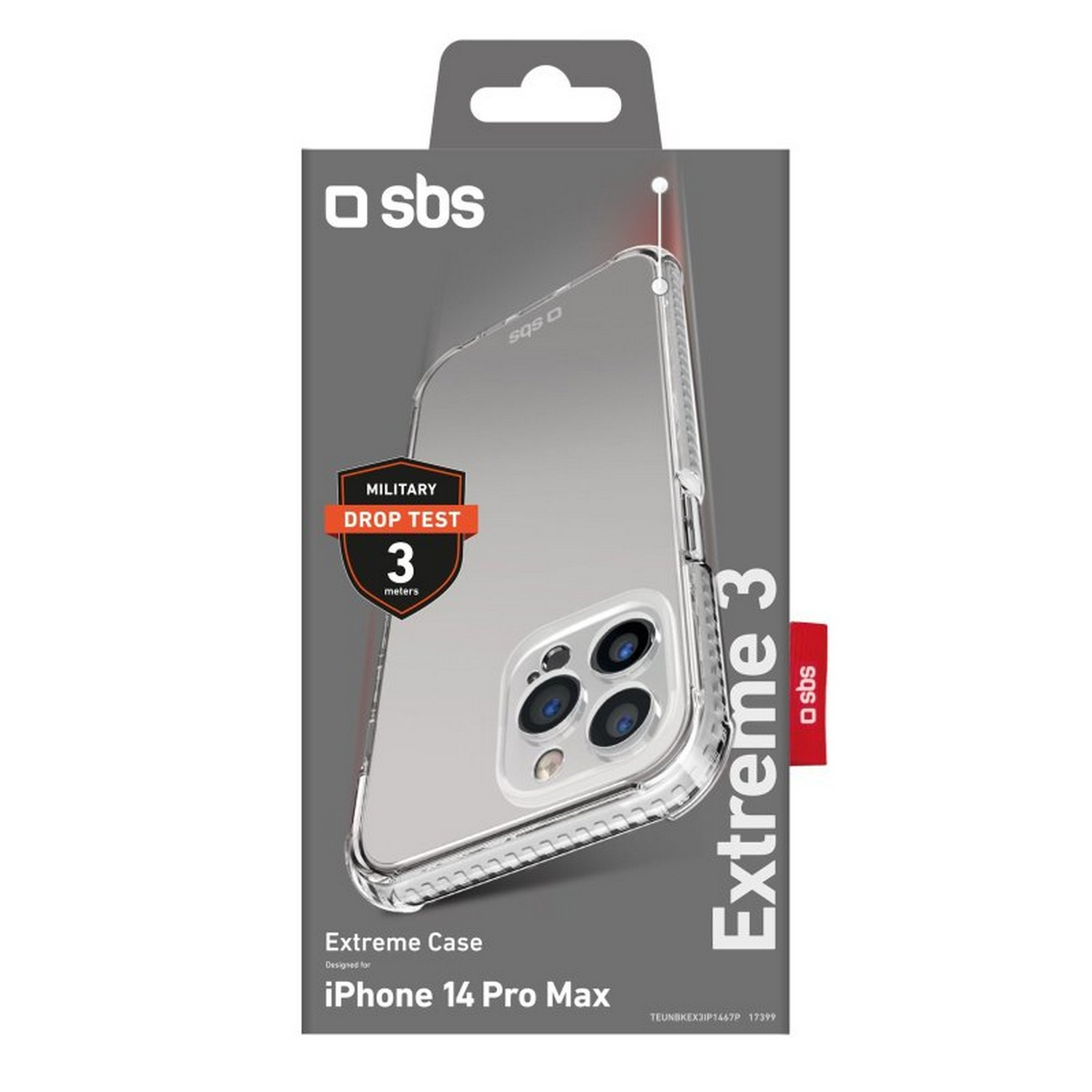 Transparante iPhone 14 Pro Max case in verpakking. Label toont valtest en merklogo.