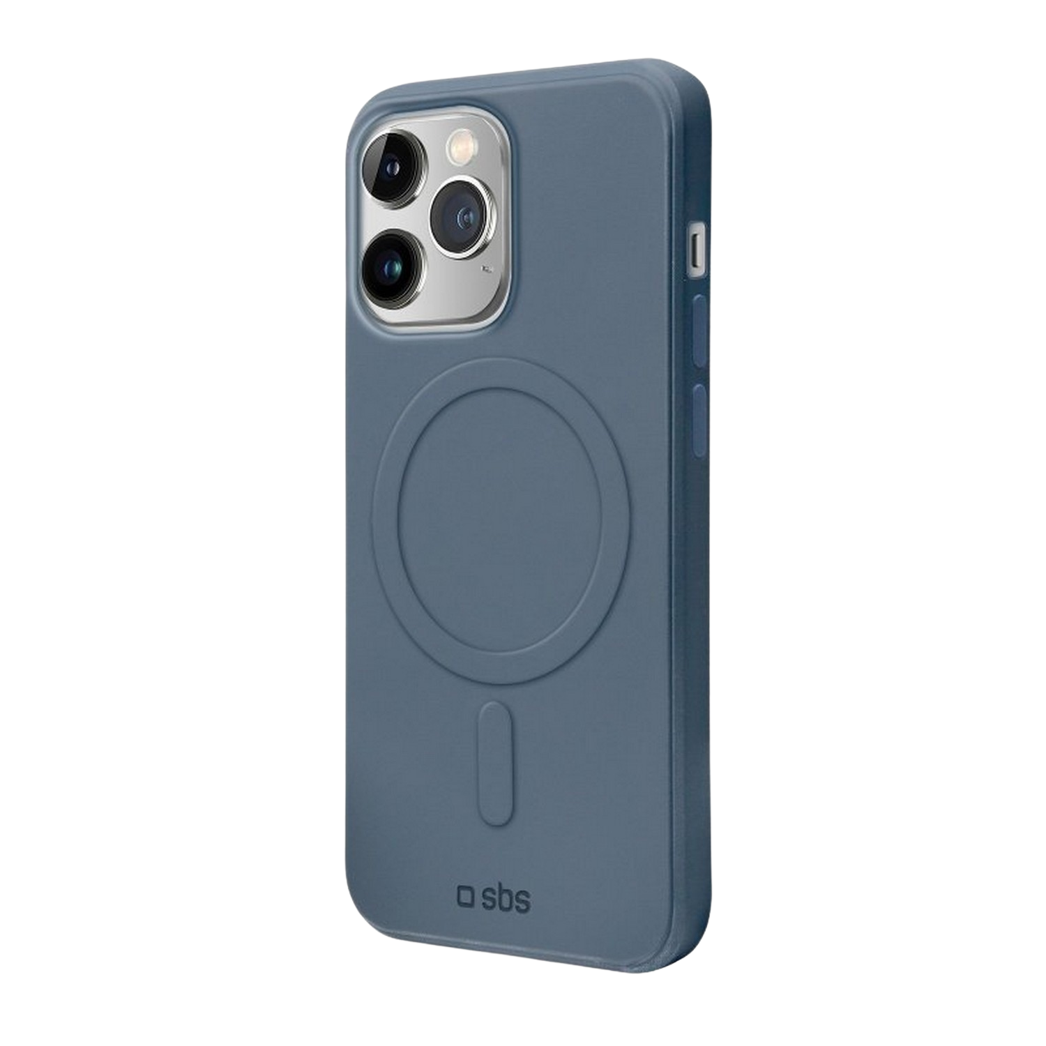 Coque de téléphone bleue avec coussinet magnétique circulaire et logo SBS.