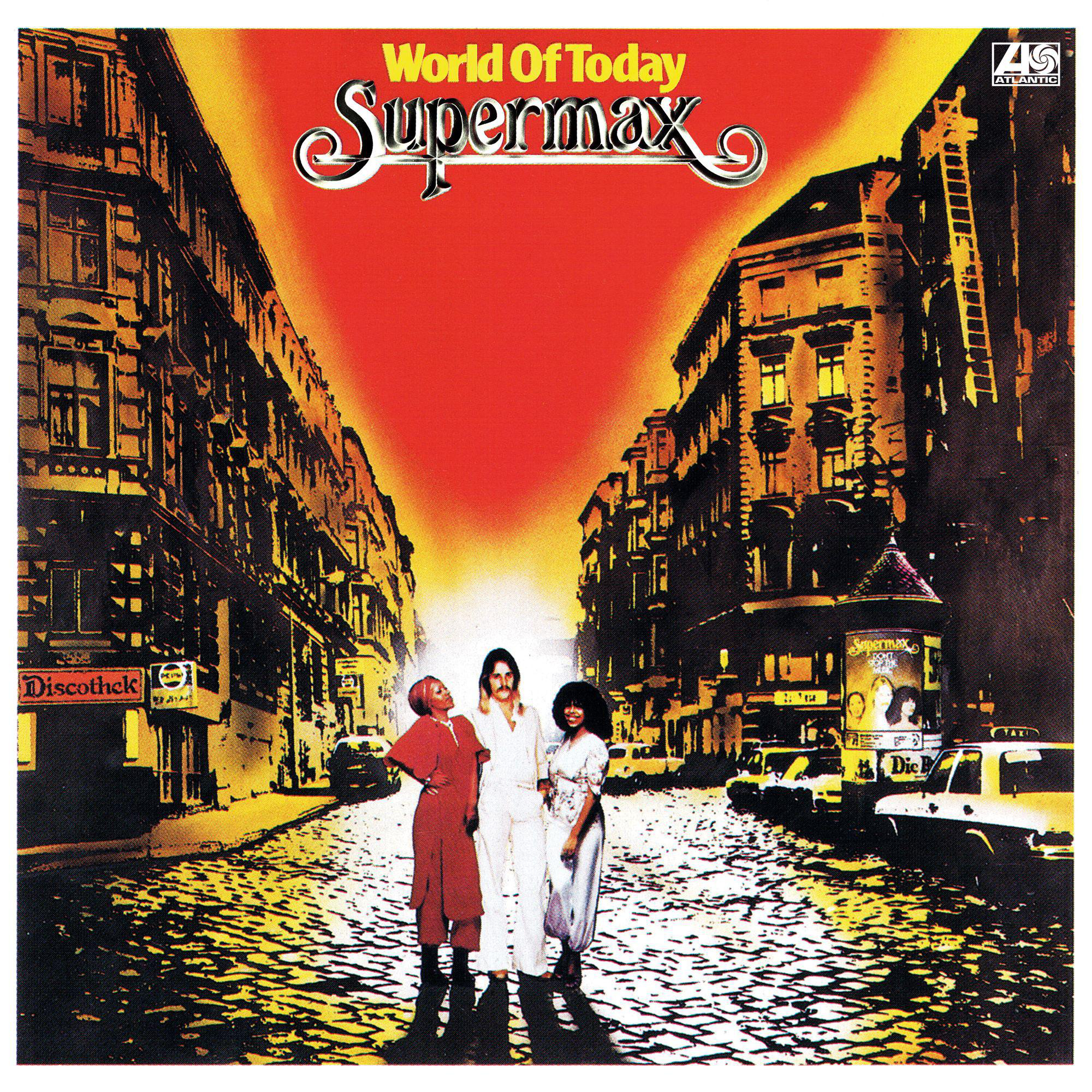 Albumcover von 'World Of Today' von Supermax, mit drei Figuren auf einer Stadtstraße.