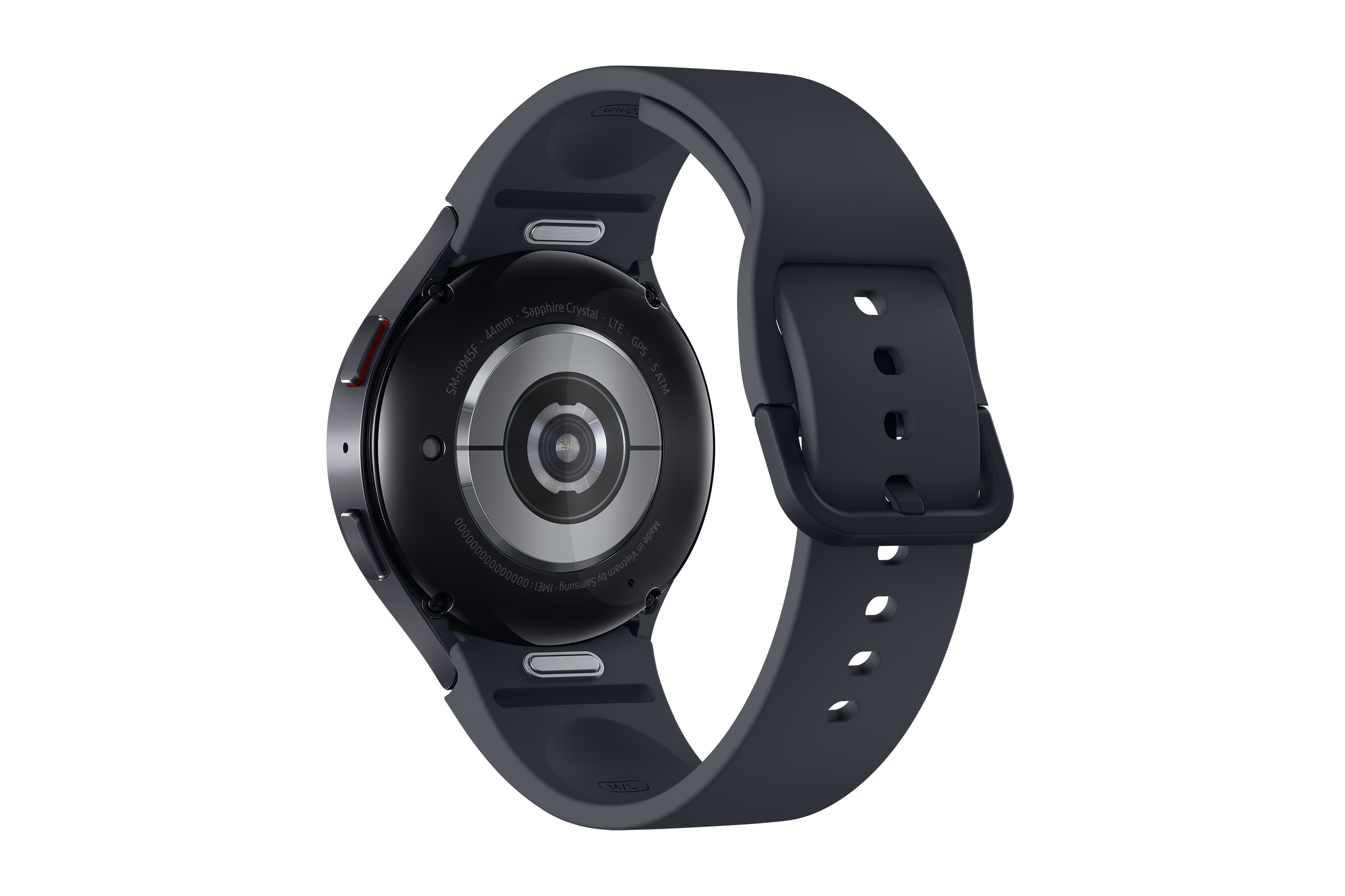 Schwarze Samsung Smartwatch mit dunkelgrauem Armband. Die Rückseite zeigt Sensoren und den Markennamen.