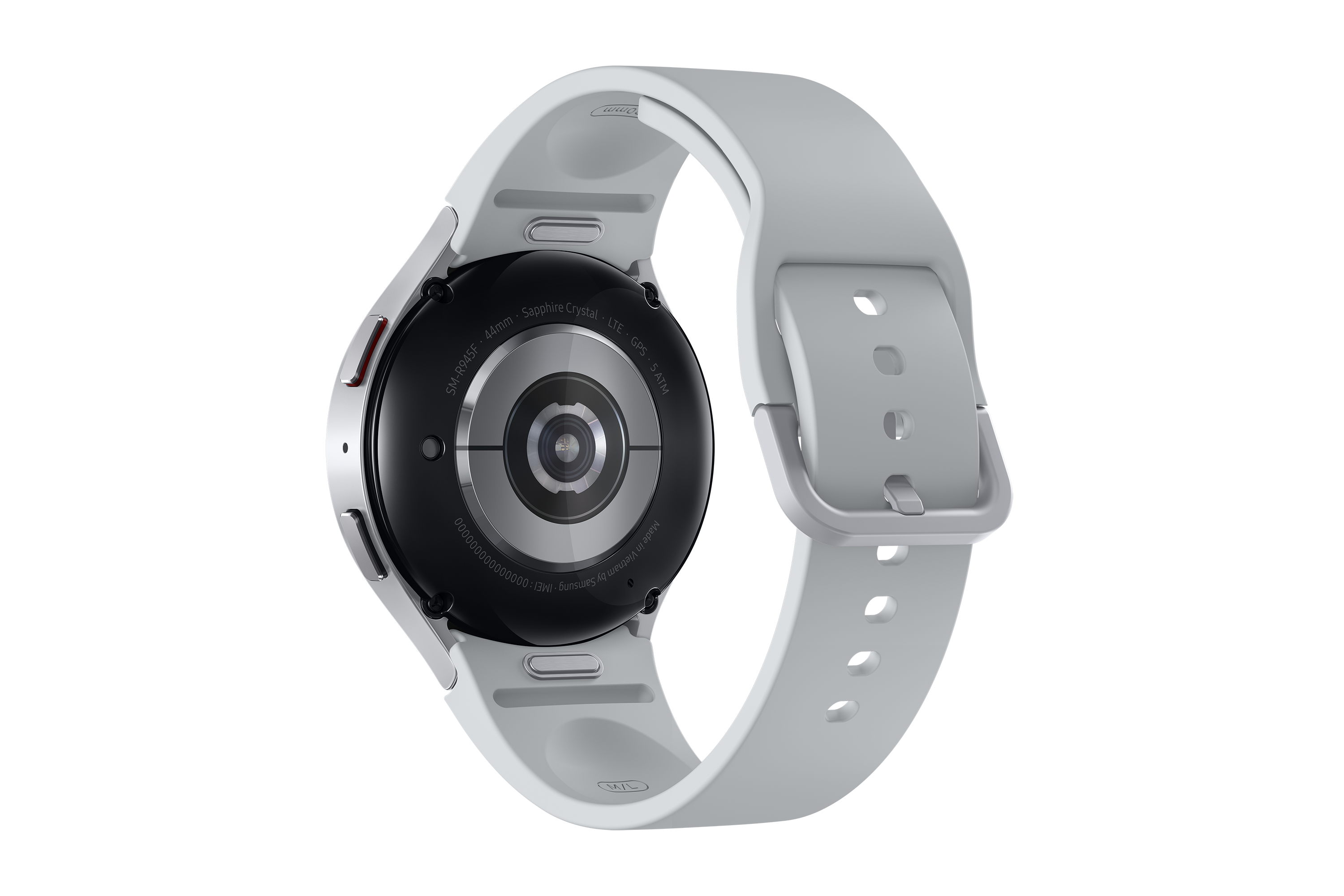 Eine silberne Smartwatch mit weißem Band. Das Zifferblatt ist schwarz mit silbernen Details. Schwarzer Hintergrund.