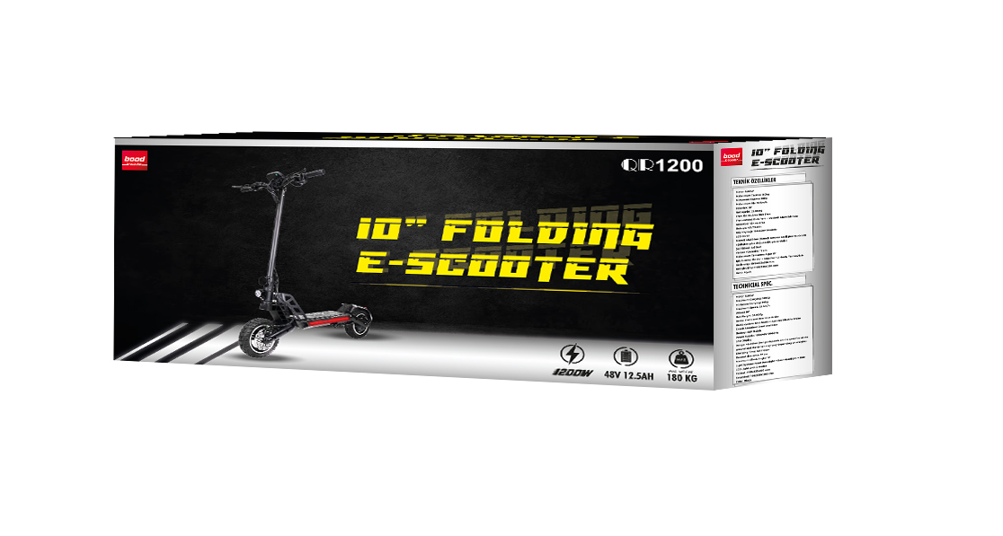 "10" KATLANIR E-SCOOTER" metni ve scooter'ın bir görüntüsü olan e-scooter kutusu.