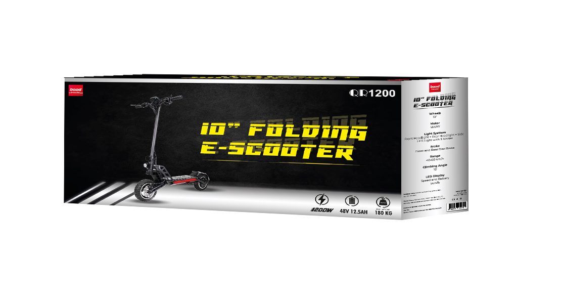 Elektrikli scooter grafiği ve metin içeren bir kutu. Scooter siyah ve kırmızıdır.