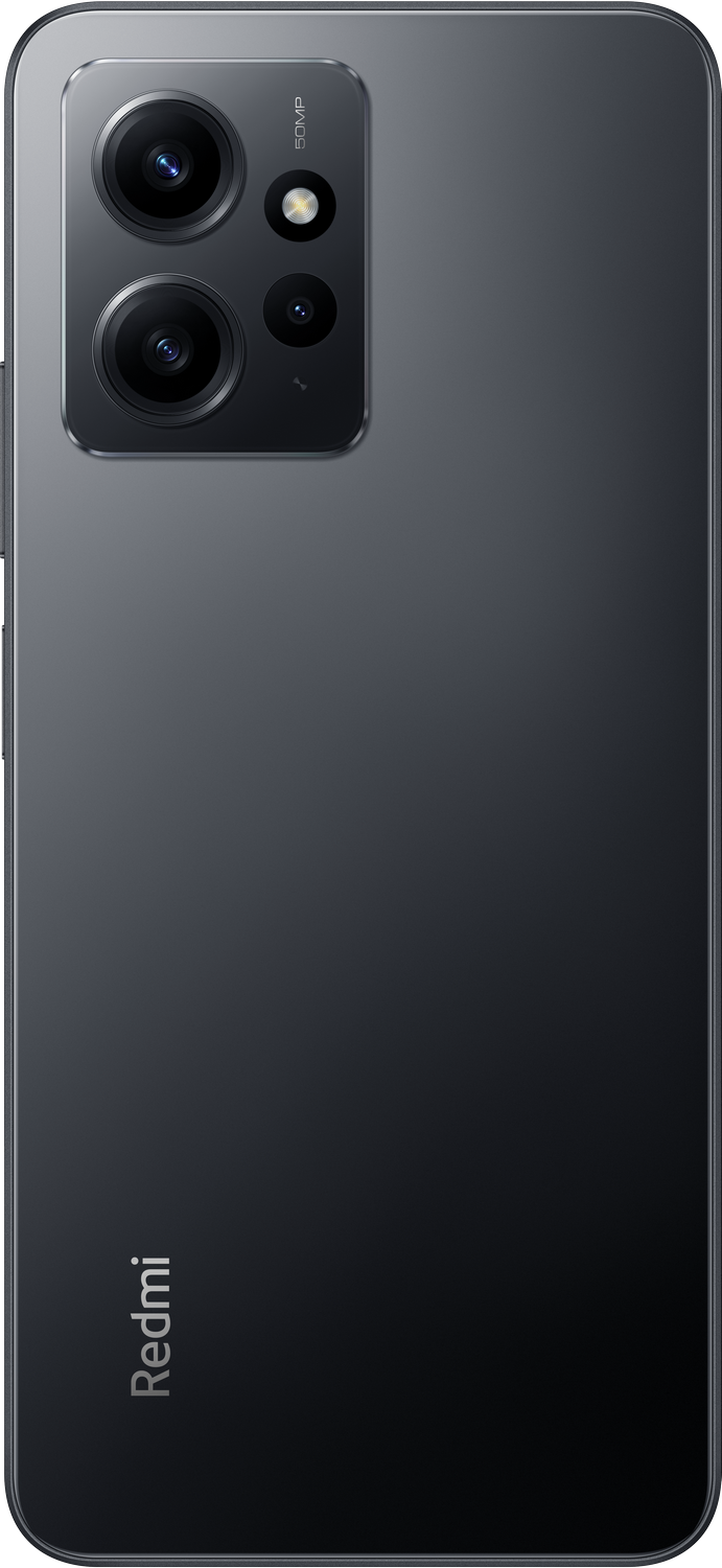 Parte trasera de teléfono gris con lentes de cámara duales y logo Redmi abajo.