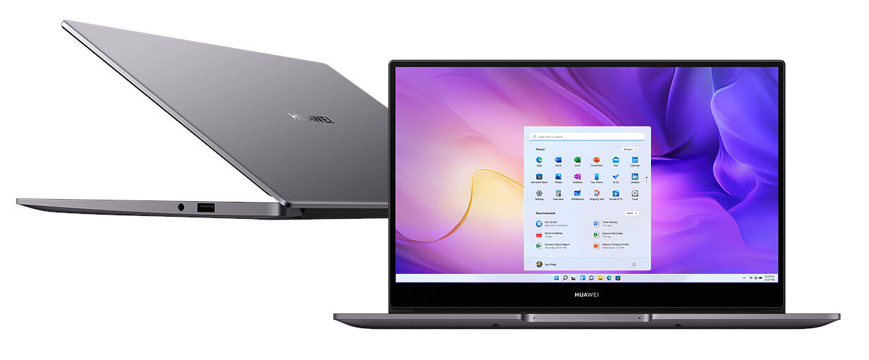 Szary laptop jest otwarty, z logo Huawei, pokazując interfejs Windows na ekranie.