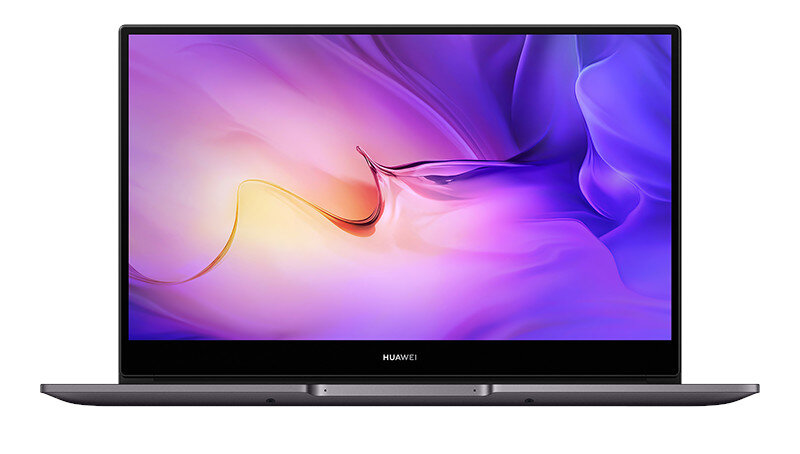 Laptop z fioletowym i różowym ekranem. Logo Huawei na dole.