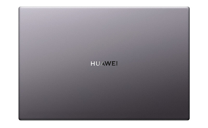 Laptop z szarym wykończeniem, z logo HUAWEI na zamkniętej pokrywie.