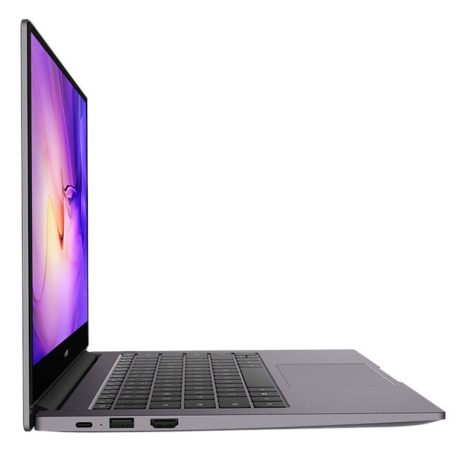 Laptop otwarty na fioletowy ekran.