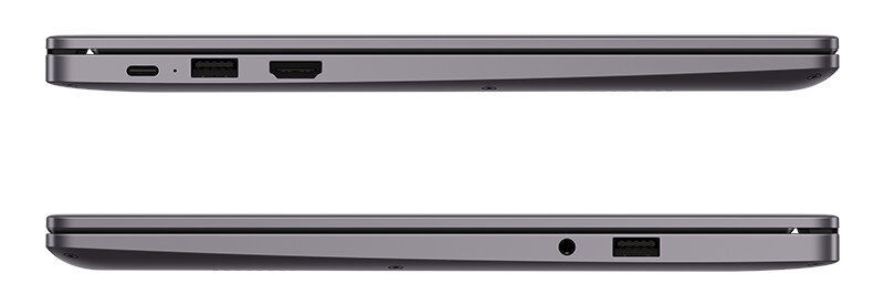 Dwa widoki boczne laptopa. Porty są widoczne po jednej stronie, a port ładowania/USB po drugiej.