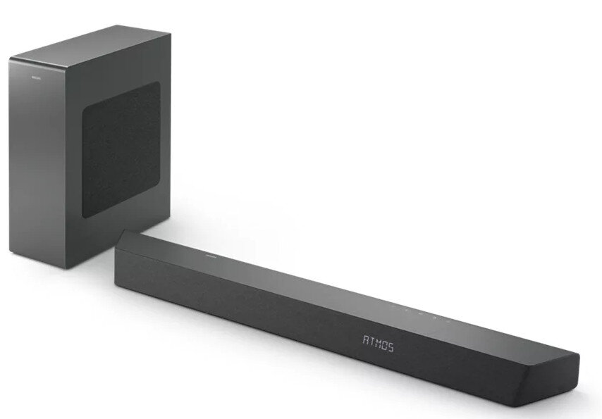 Czarny soundbar i subwoofer na białym tle. Soundbar ma tekst ATMOS. Elegancki design.