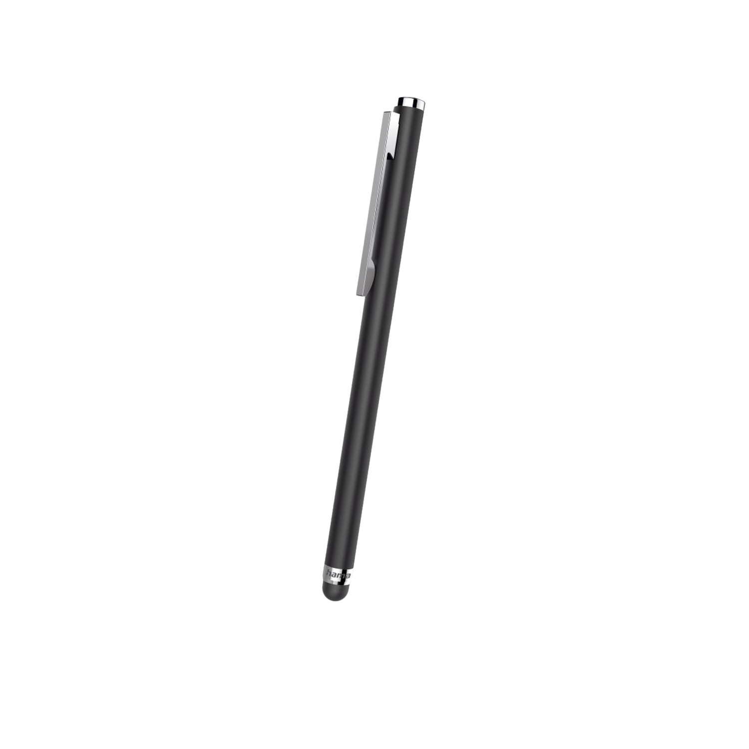 Stylet noir avec clip argenté et pointe arrondie.