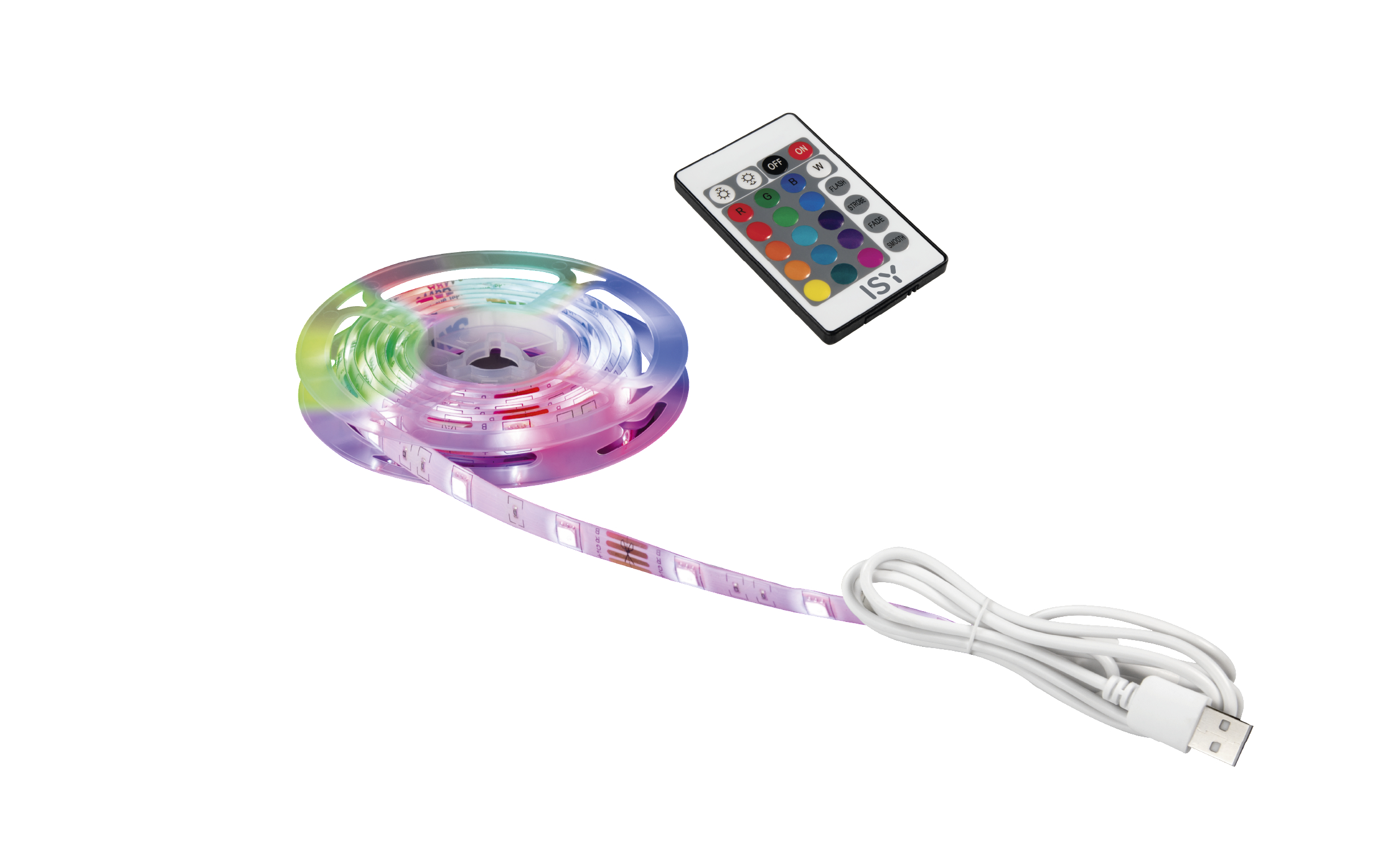 RGB-LED-Streifen aufgerollt mit Fernbedienung und Netzkabel.