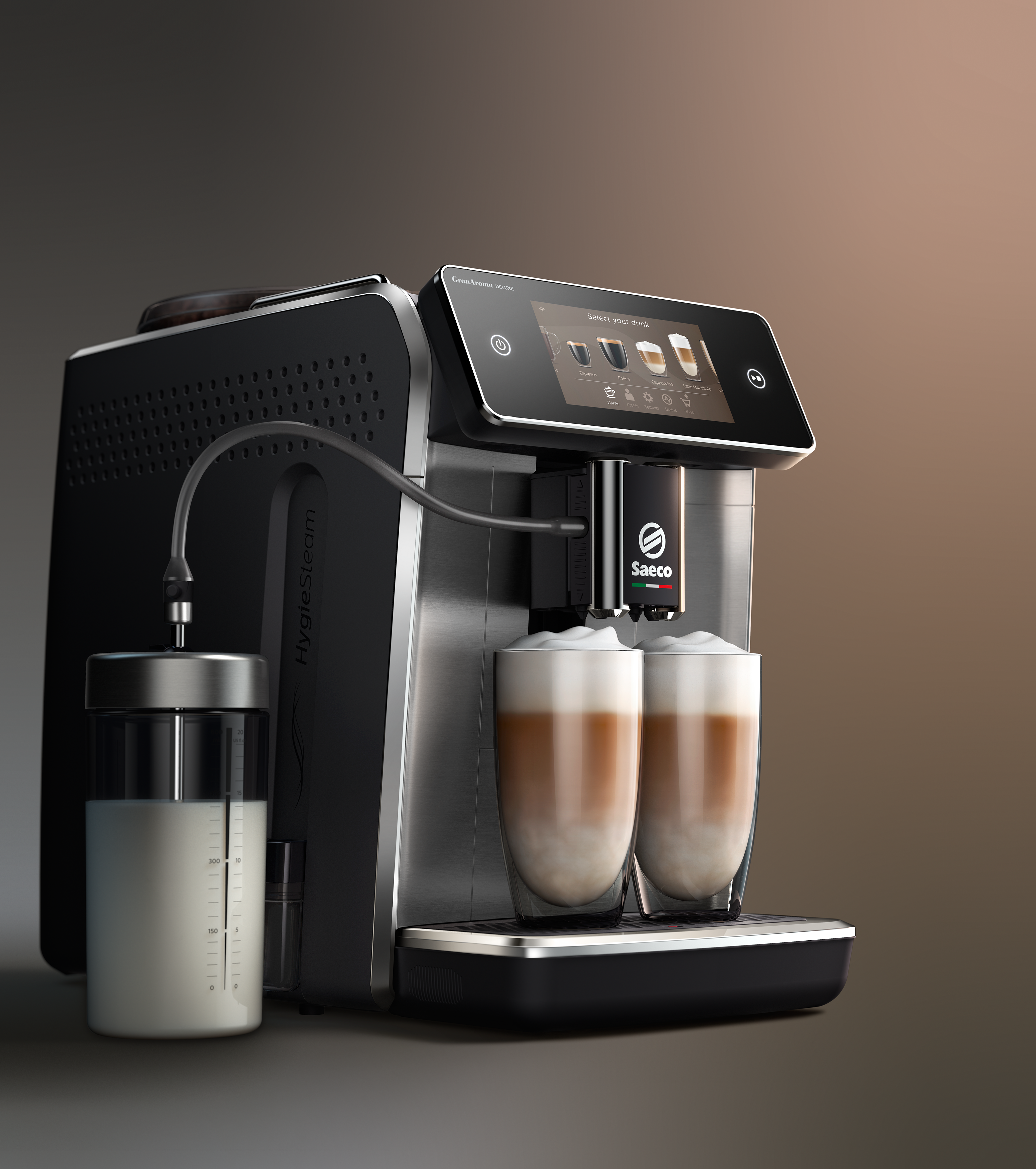 Esspresszó gép két latte pohárral, tejes tartállyal és érintőképernyővel.
