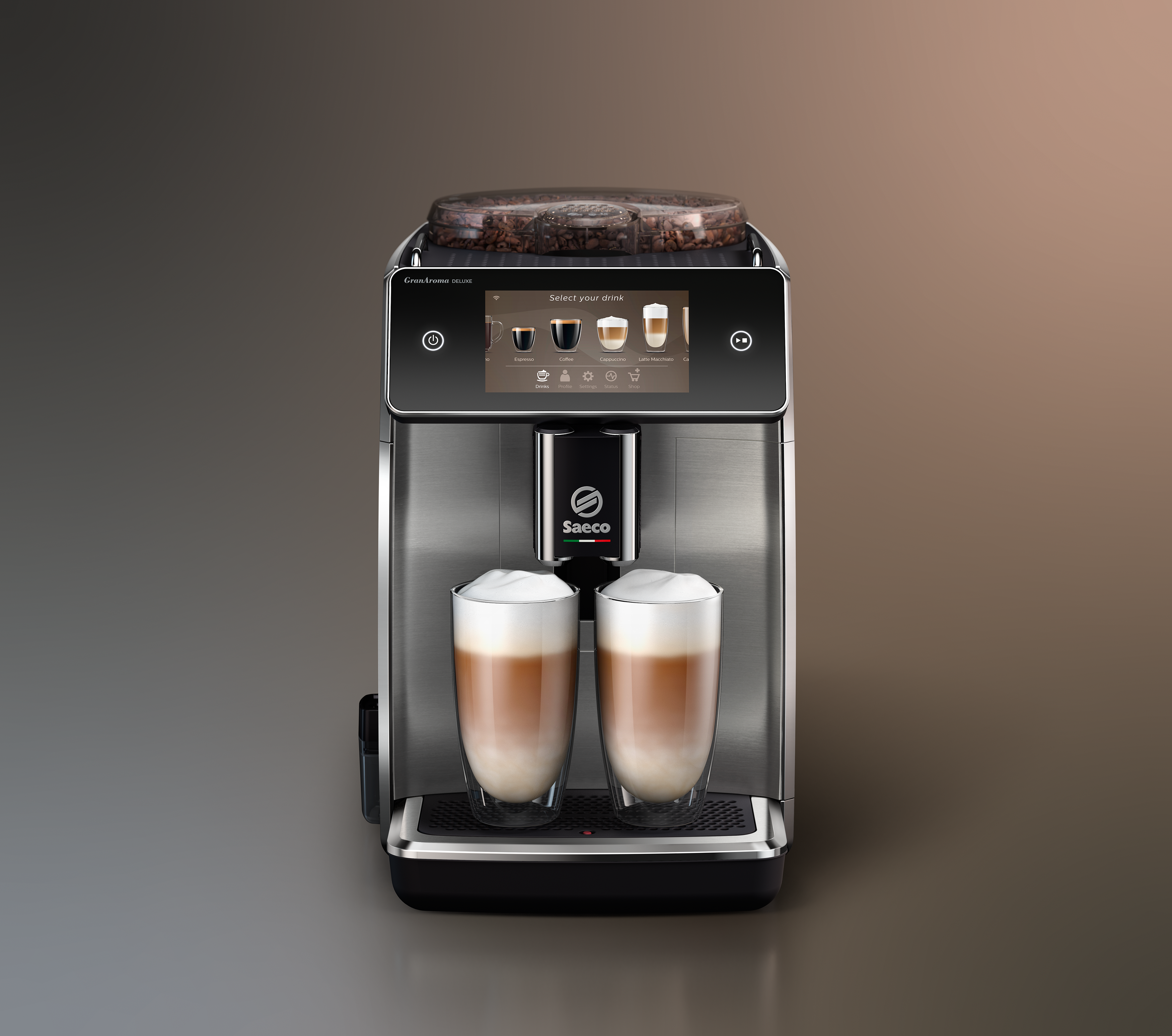 Saeco kávéfőző. Két pohár latte macchiato. Digitális kijelző és gombok.
