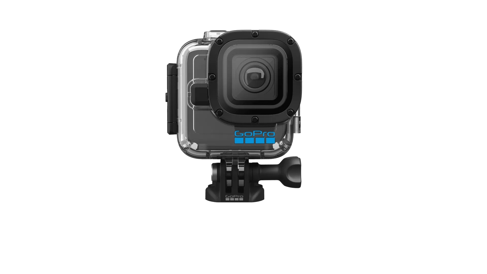 Cámara GoPro en una funda impermeable transparente. La cámara es negra, con el logotipo de GoPro en azul.